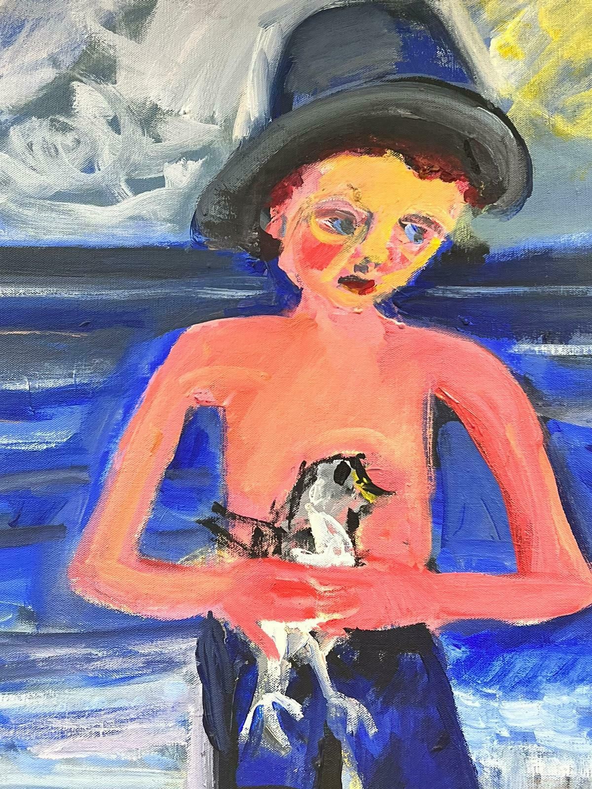 Huguette Ginet Lasnier Boy On Beach Holding Bird French Modernist Contemporary Oilc. 2000's photo for sale