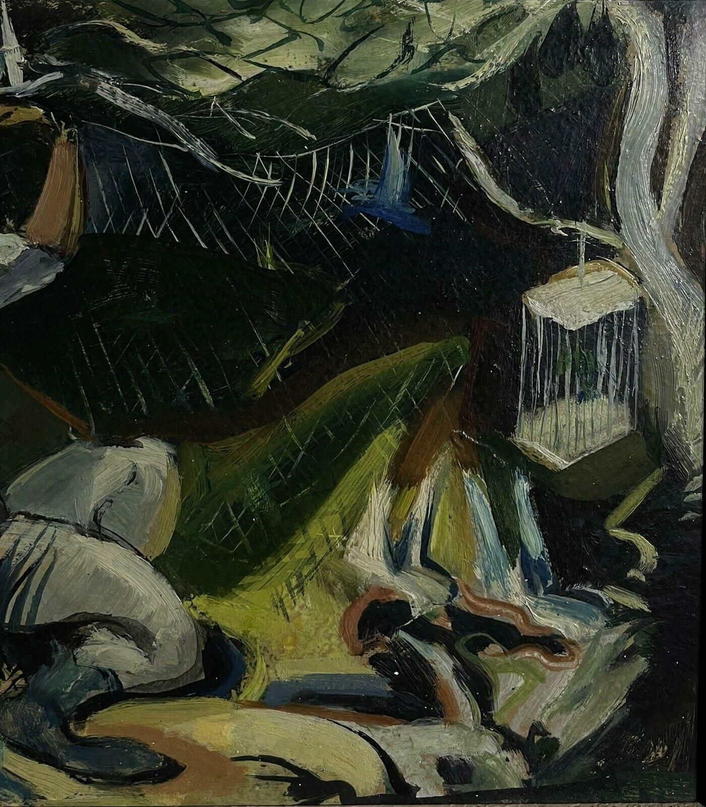 Unknown1950's French Modernist Oil Figure With Bird Cages In Abstract Setting1950's photo Art