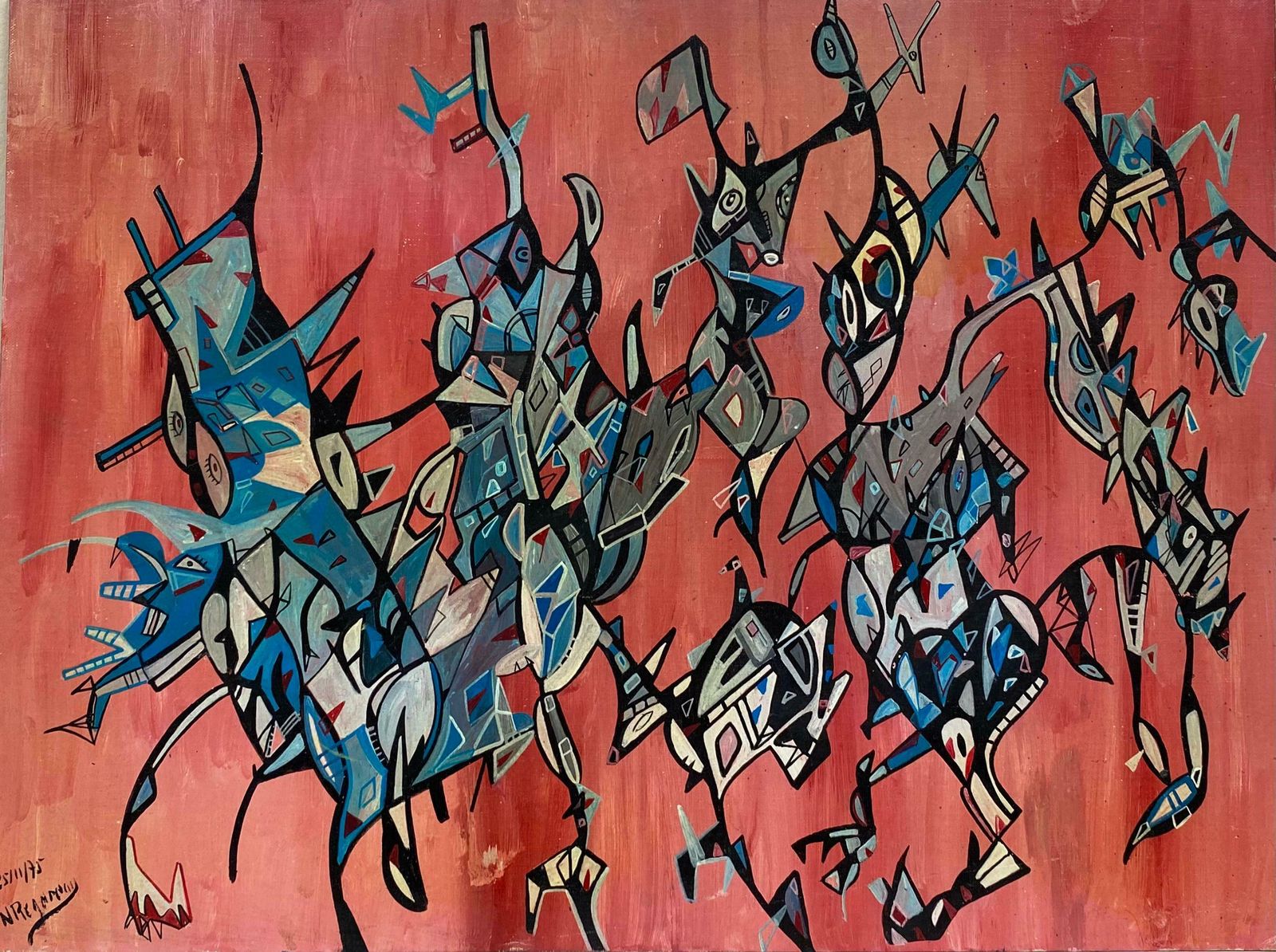 Unknownbright & Colorful French Signed Abstract Oil Painting Amazing Shapes & Colors