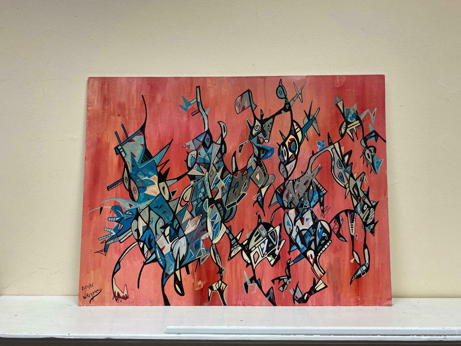 Unknownbright & Colorful French Signed Abstract Oil Painting Amazing Shapes & Colors photo furniture