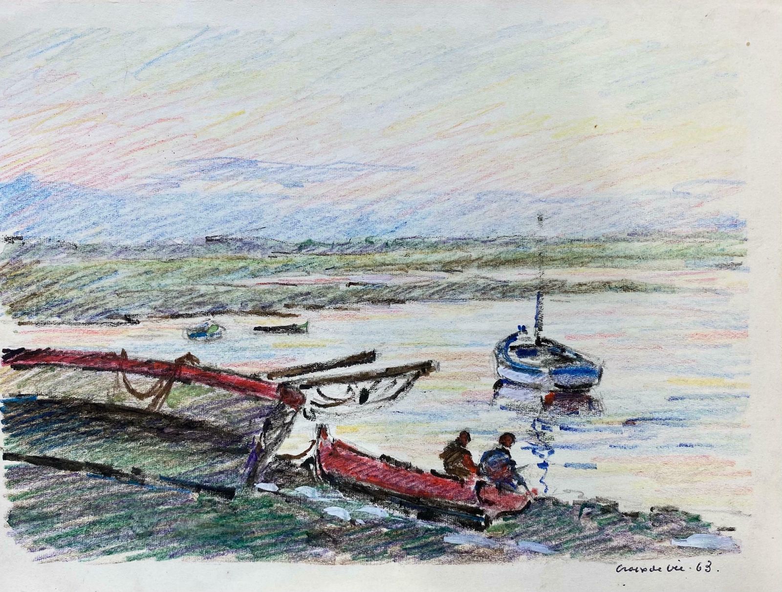 Camille Meriotcamille Meriot French Signed Impressionist Crayon Drawing   By The Harbourc. 1940's