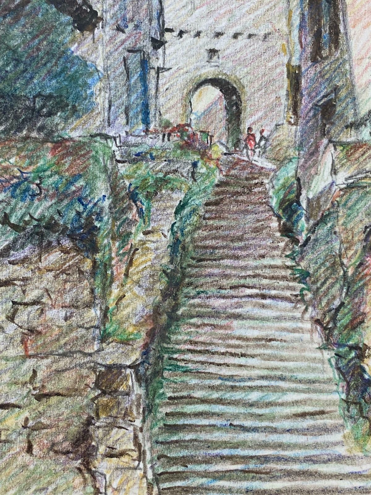 Camille Meriotprovence Hill Top Town French Impressionist Crayon Drawingc. 1940's photo 342.0