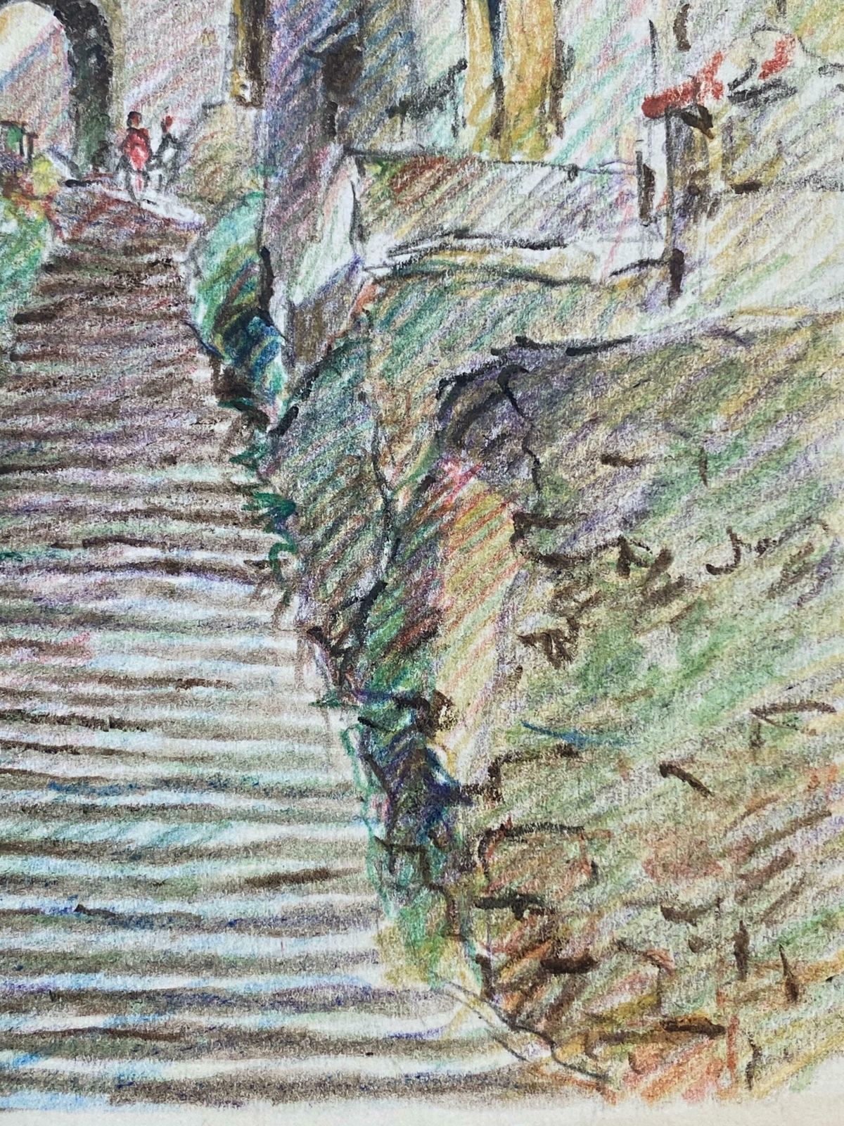 Camille Meriotprovence Hill Top Town French Impressionist Crayon Drawingc. 1940's photo vinterior