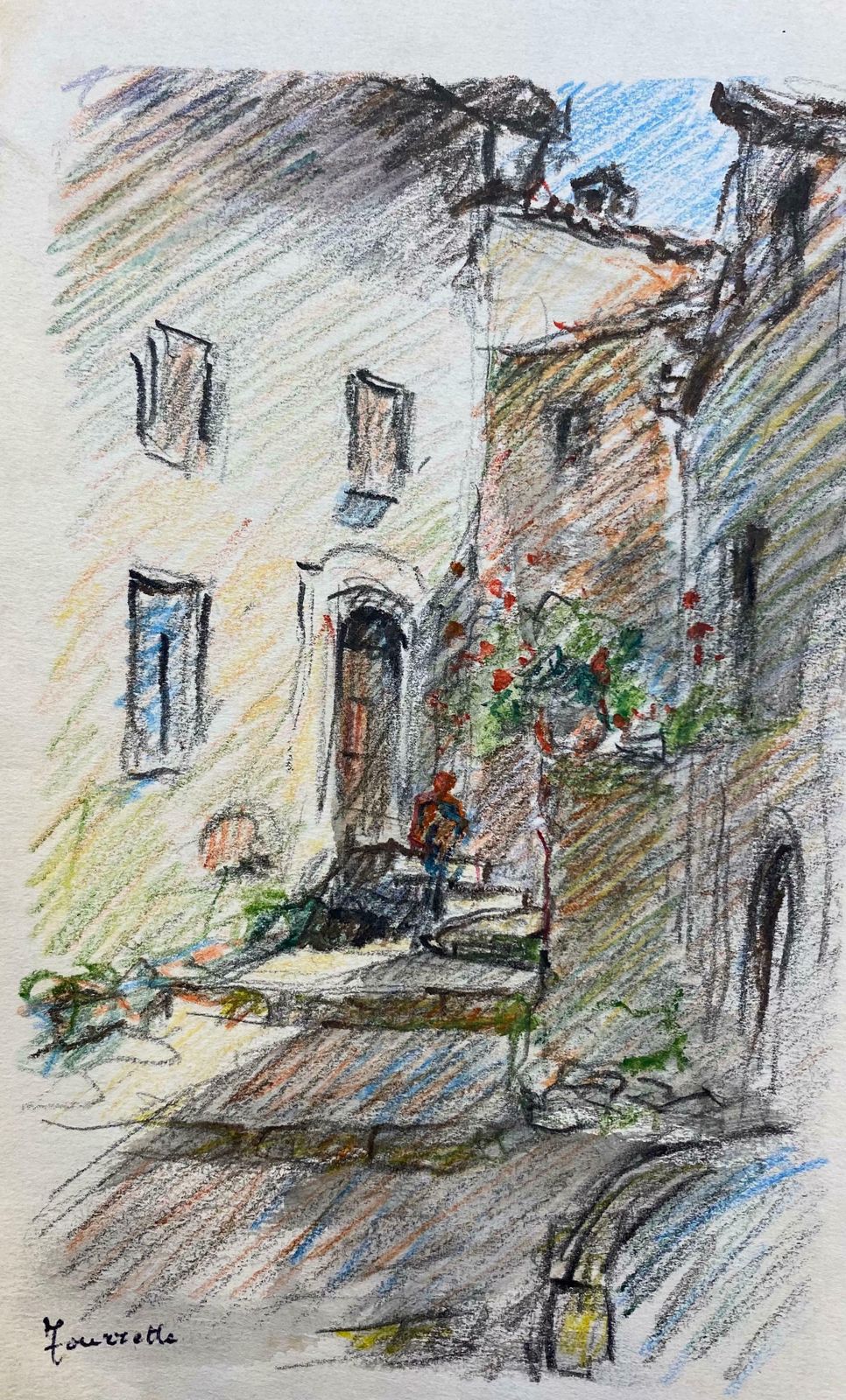 Camille Meriottourettes Provence French Signed Impressionist Crayon Drawing   The Old Villagec. 1940's
