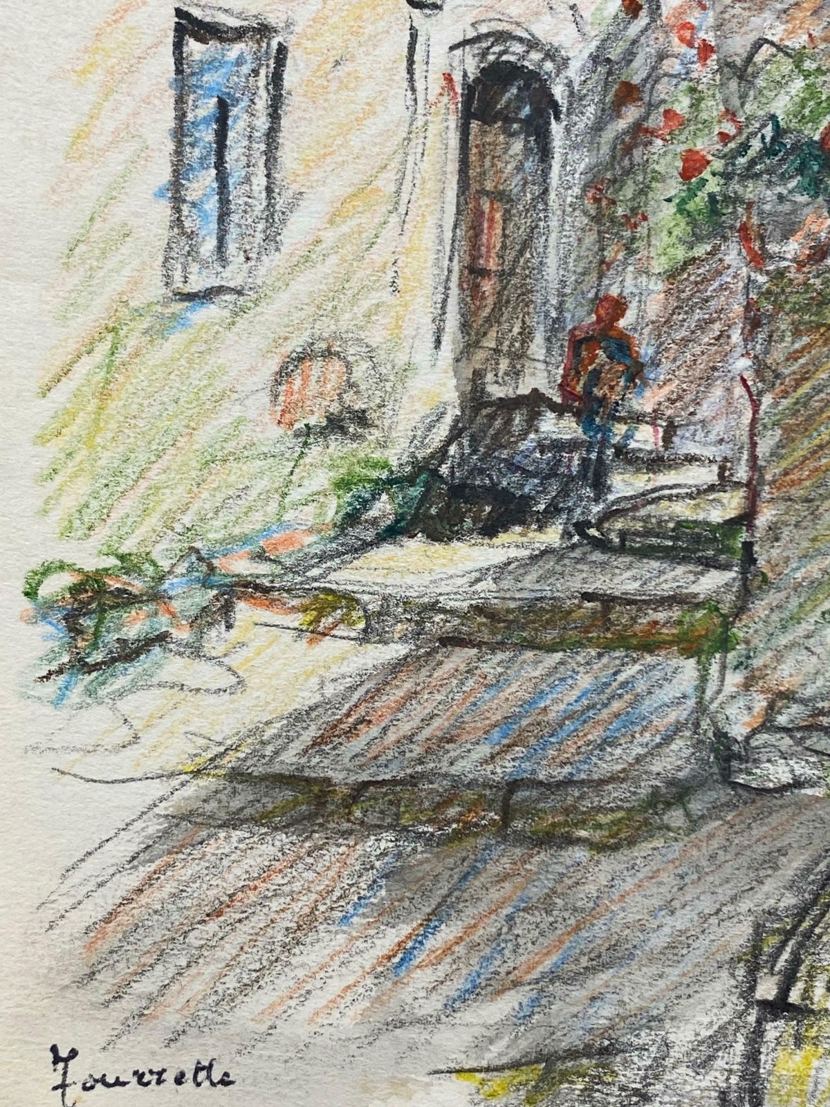 Camille Meriottourettes Provence French Signed Impressionist Crayon Drawing   The Old Villagec. 1940's photo for sale