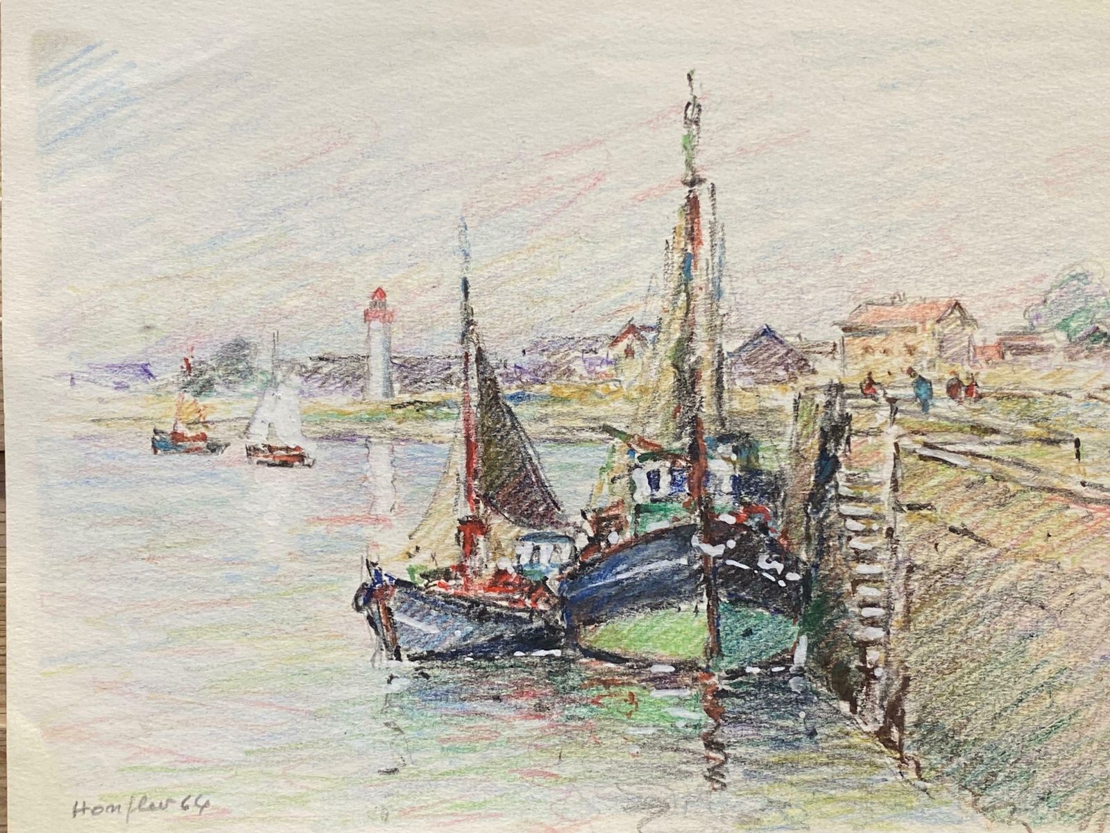 Camille Meriotbrittany Fishing Boats In Harbour, French Signed Impressionist Crayon Drawingc. 1940's photo furniture