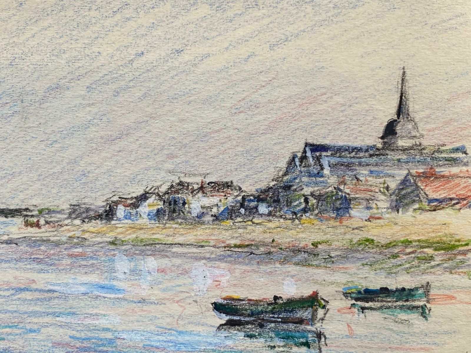Camille Meriotvintage French Signed Impressionist Crayon Drawing Brittany Coastline Boatsc. 1940's photo furniture