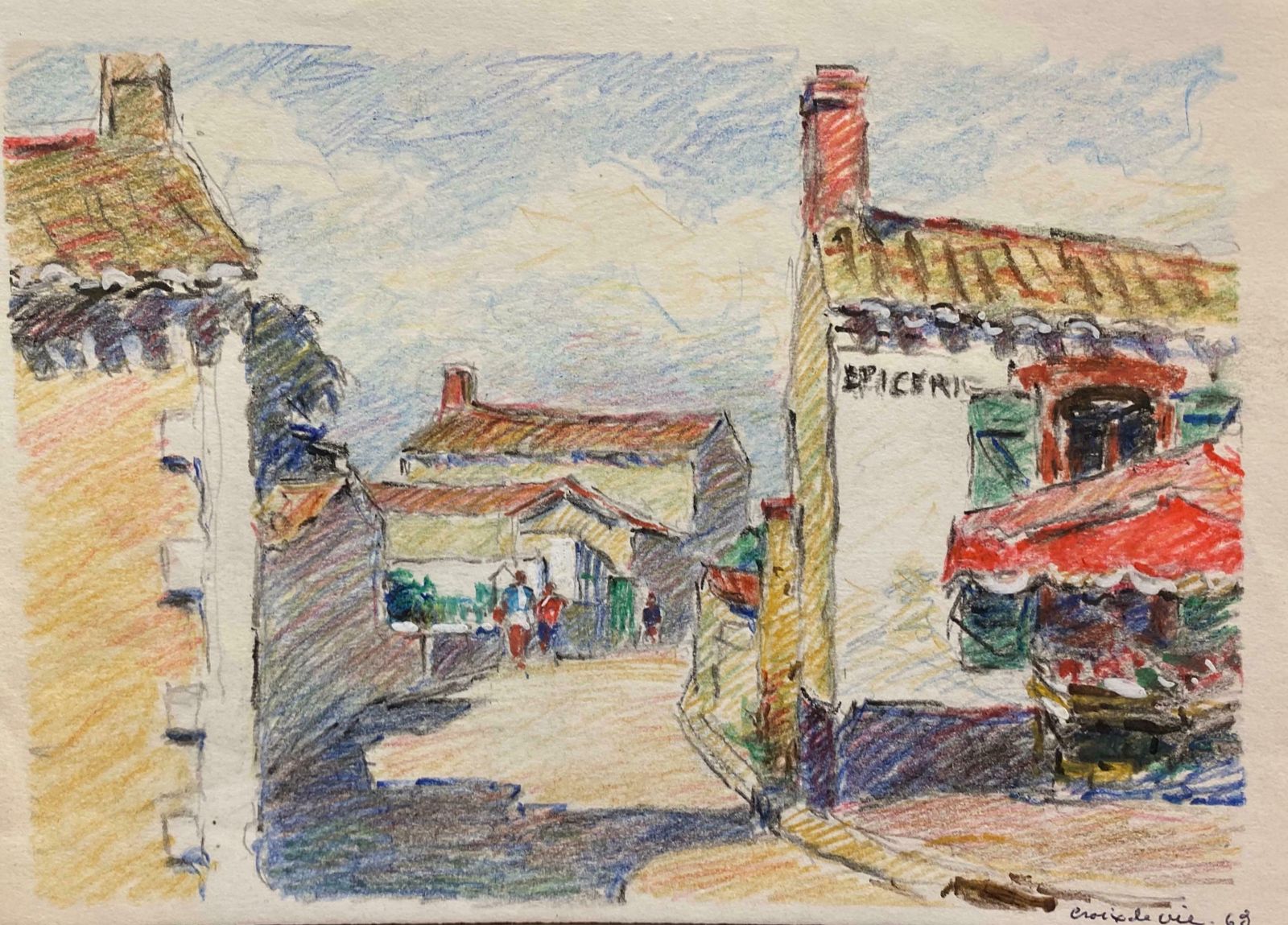 Camille Meriotcamille Meriot French Signed Impressionist Crayon Drawing Brittany Villagec. 1940's