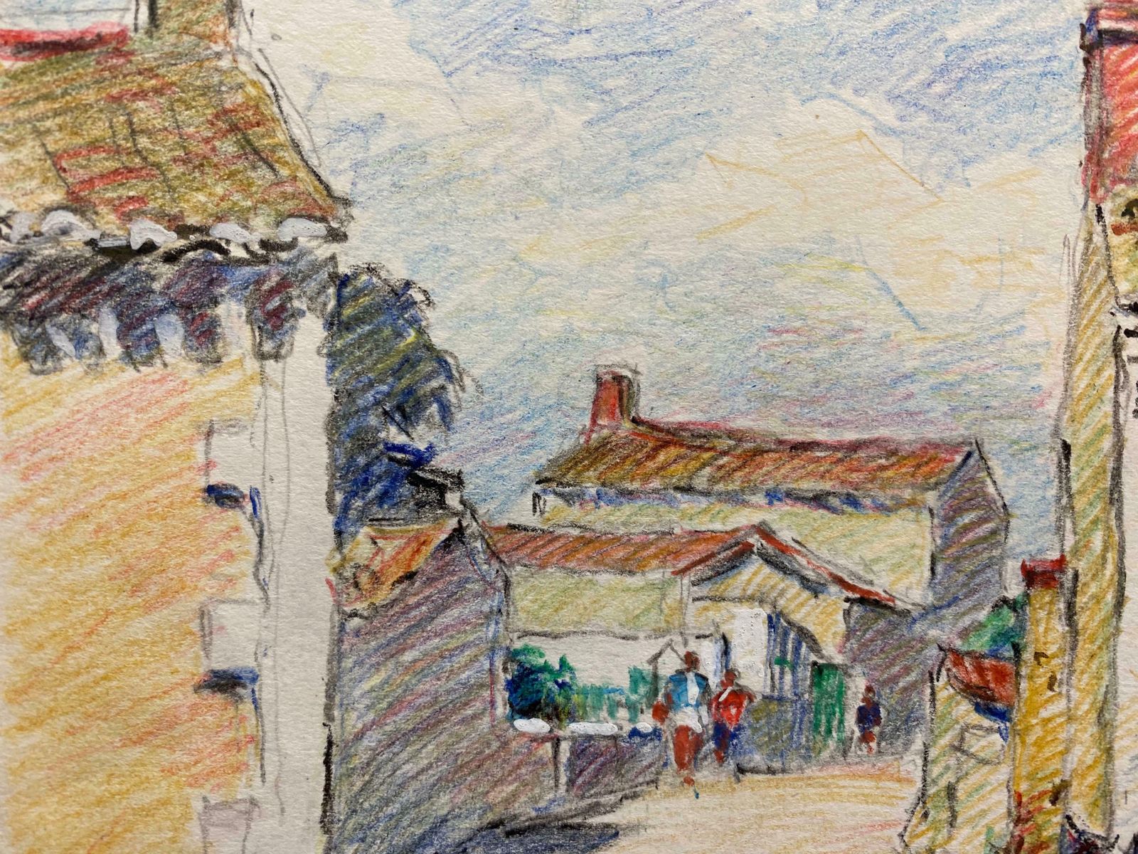 Camille Meriotcamille Meriot French Signed Impressionist Crayon Drawing Brittany Villagec. 1940's photo Art