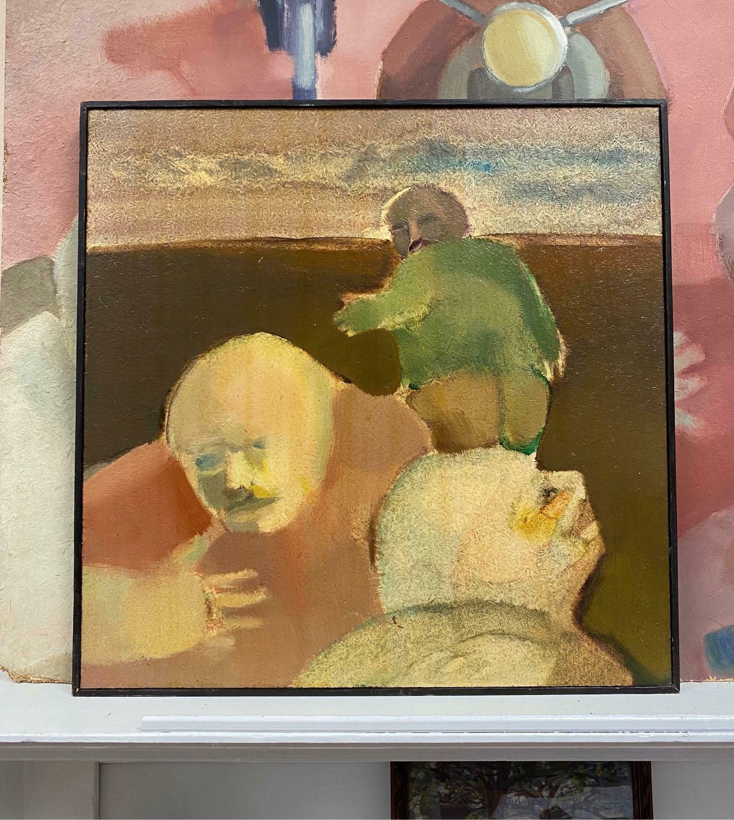 Andreslarge French Surrealist Oil Painting Male Figurative Scene C. 1970s photo furniture