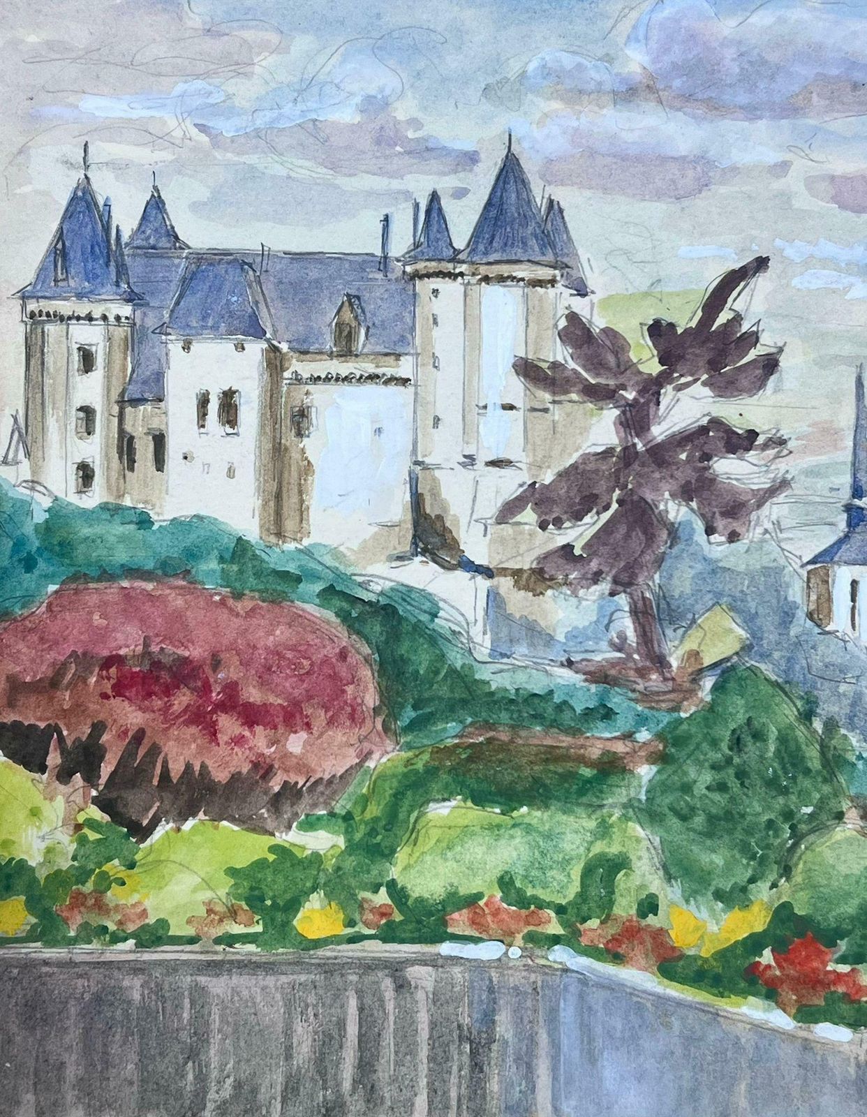 Guy Nicod 20th Century French Modernist Painting Castle Overlooking French Town photo furniture