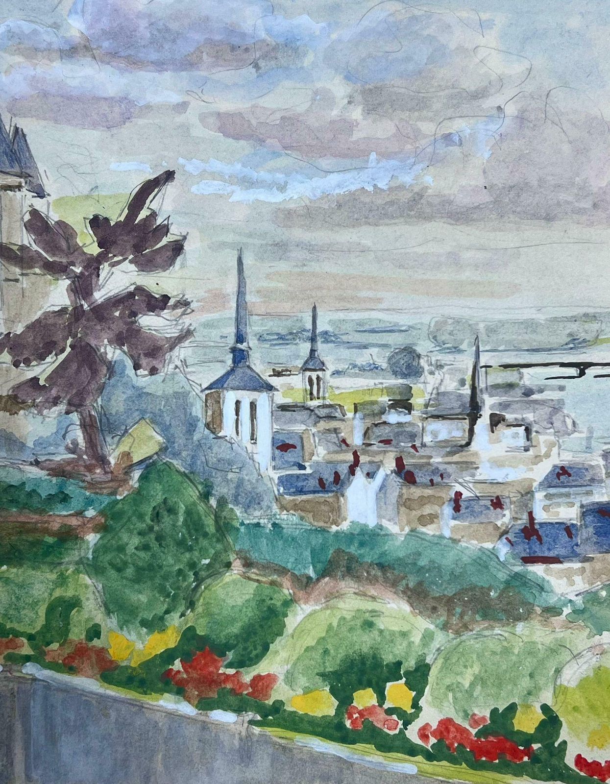 Guy Nicod 20th Century French Modernist Painting Castle Overlooking French Town photo for sale