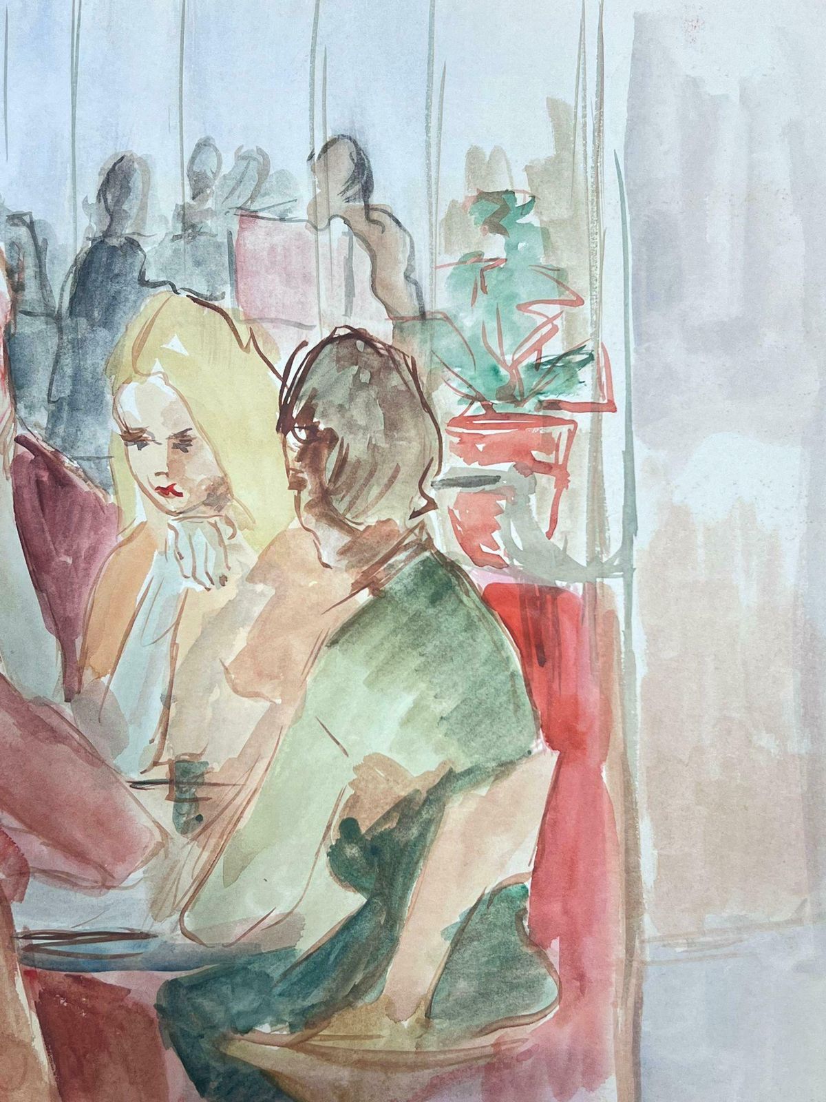 Guy Nicod French 20th Century Modernist Painting Female Figures Gossiping Watercolour photo for sale