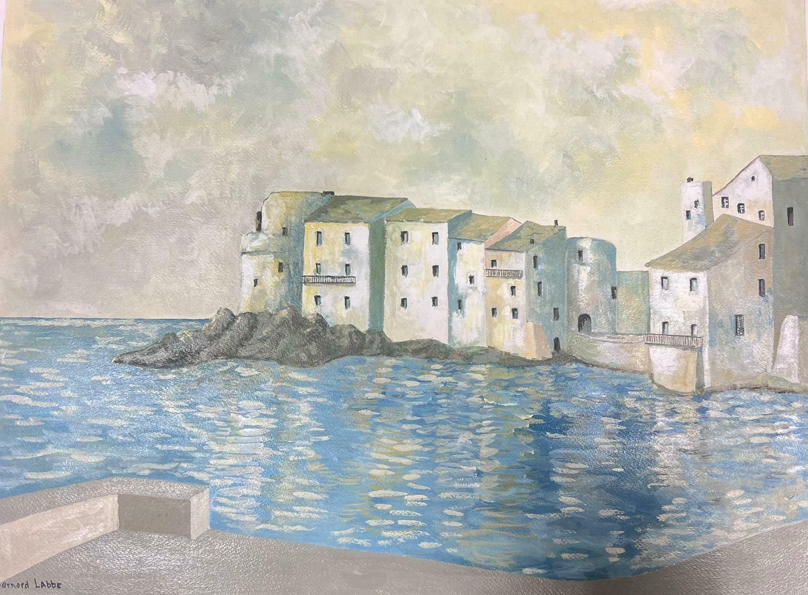 Bernard Labbe20th Century Modernist Painting White Houses Along The Sea Coast Landscape1950's