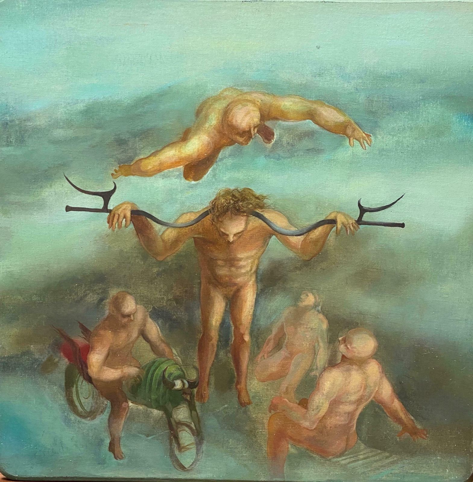 Andreslarge French Surrealist Oil Painting Figurative Scene Nudes On Motorbikesc. 1970s
