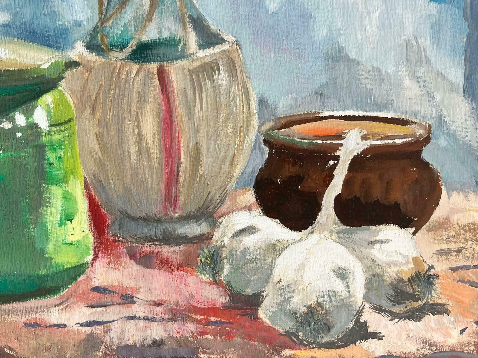 Josine Vignon1960's French Post Impressionist Oil Still Life Garlic & Wine On Table1960's photo Art