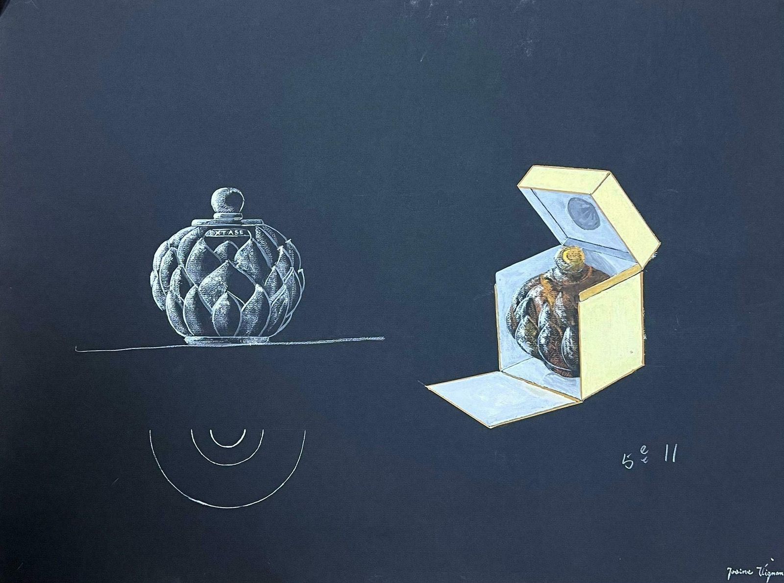 Josine Vignonmid Century French Glass Ornament In Yellow Box Gouache Painting1950s