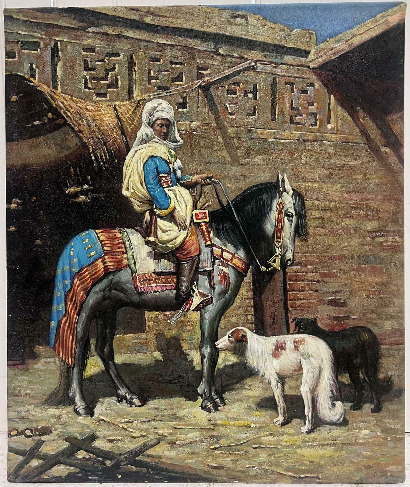 European Artistnorth African Orientalist Scene Man On Horseback With Dogs Outside City Building photo furniture