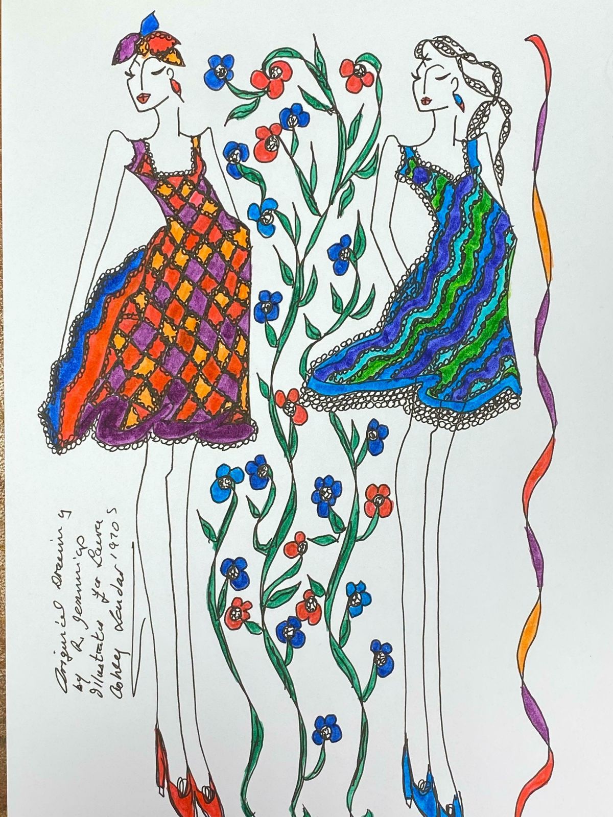 Roz Jenningsoriginal Fashion Design Illustration Watercolor Painting Laura Ashley Designerc. 2000's photo furniture