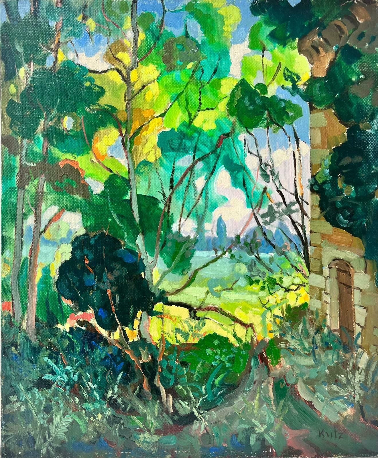 Michel Kritzpost Impressionist French Signed Oil Leafy Green Trees Chateau Parkland