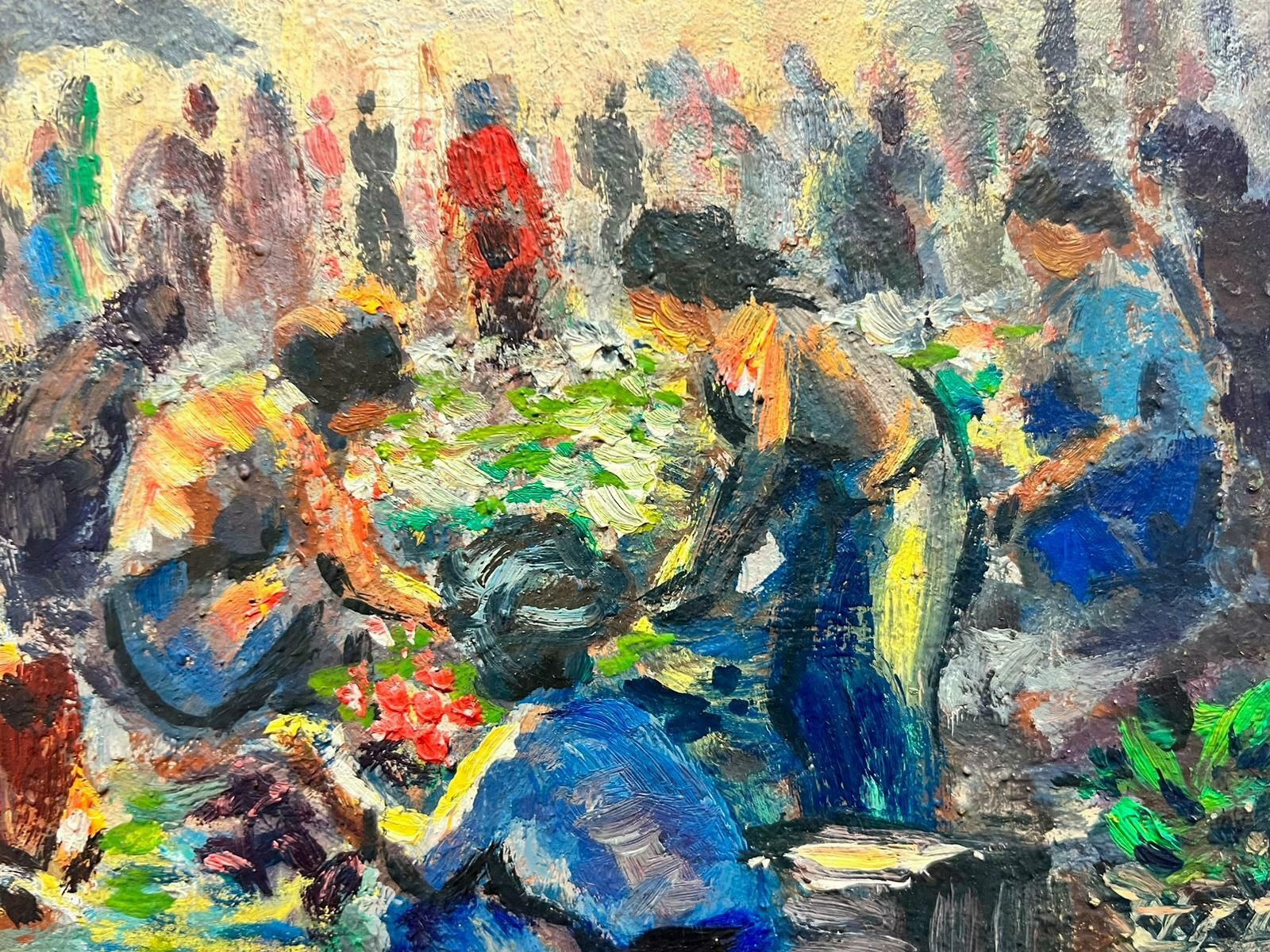 French School Mid 20th Century French Impressionist Oil Fruit & Vegetable Sellers Busy Market photo Art