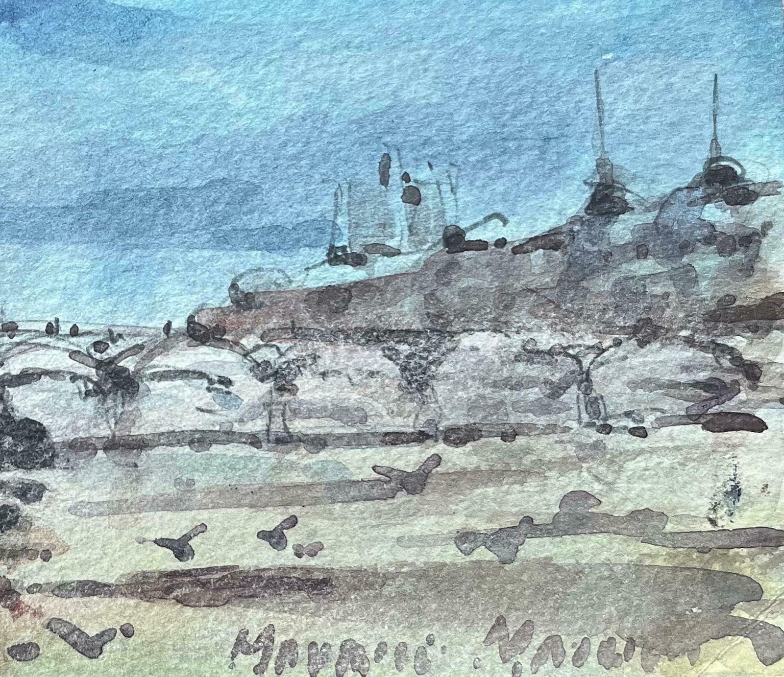 Maurice Mazeiliefrench Impressionist Watercolor Of Paris Riverbank Scene With Dome20th Century photo for sale