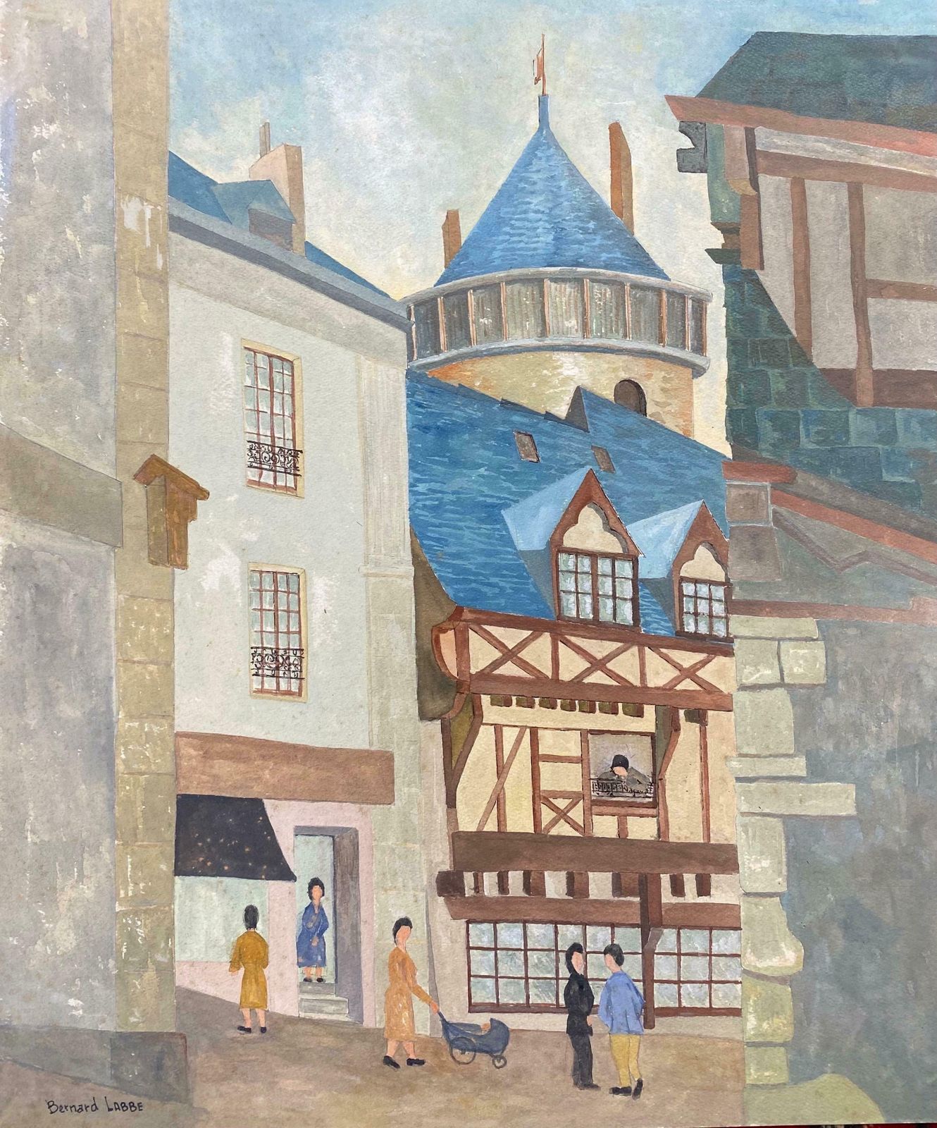 Bernard Labbe1950's Modernist Signed Painting    Figures In French Town1950's