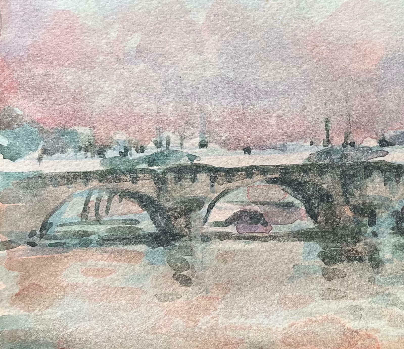 Maurice Mazeiliefrench Impressionist Watercolor Of Parisian Bridge At Sunset20th Century photo Art