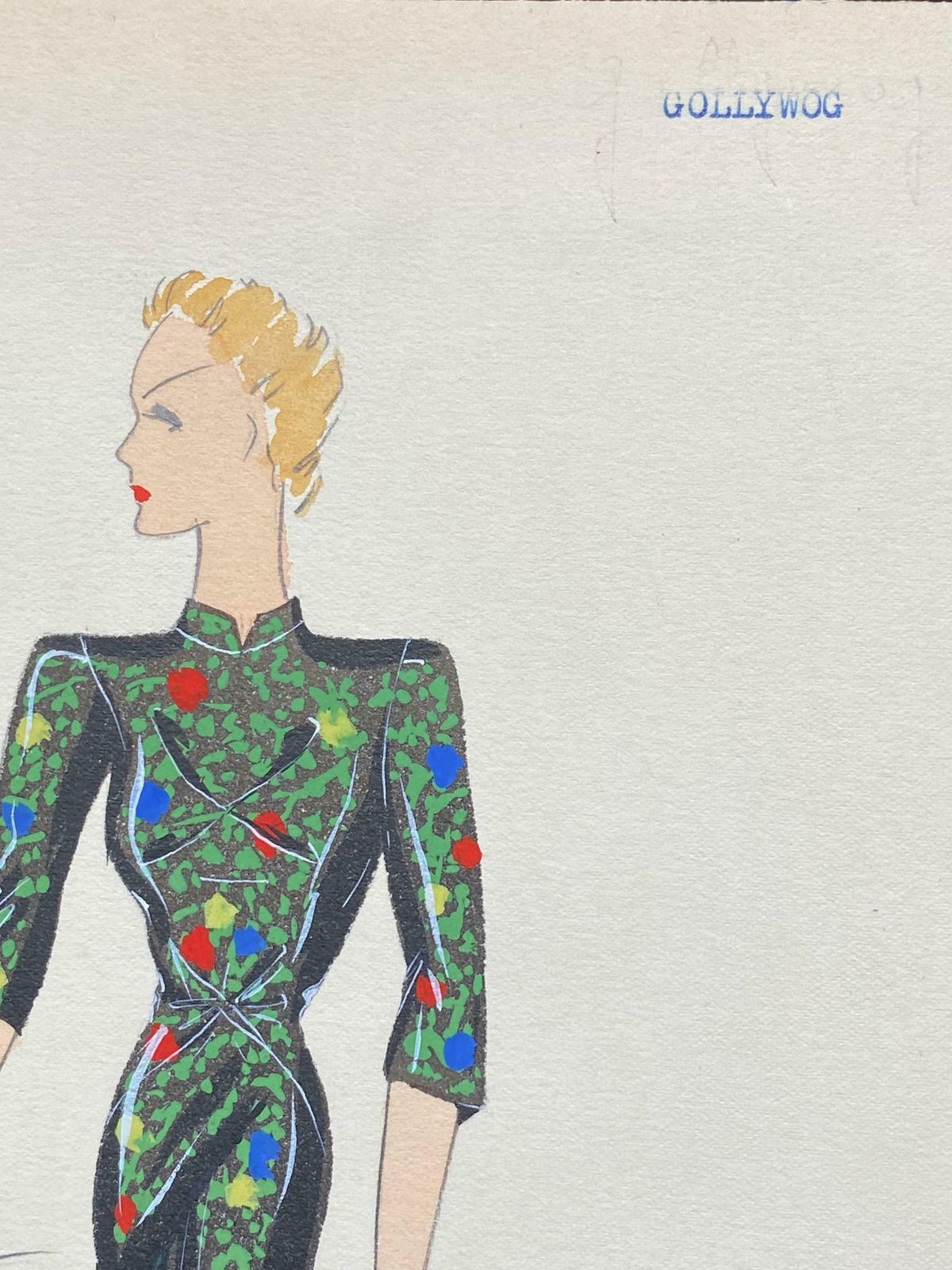 Unknown1930's Original Parisian Fashion Illustration Watercolor Black Oriental Dressc. 1930's photo buy
