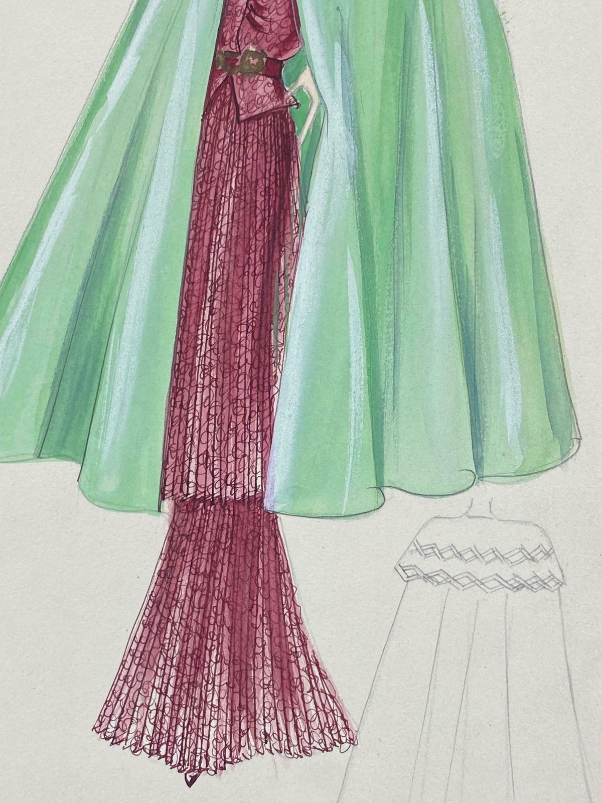 Unknown1930's Original Parisian Fashion Watercolor Burgandy Dress With Green Capec. 1930's photo for sale