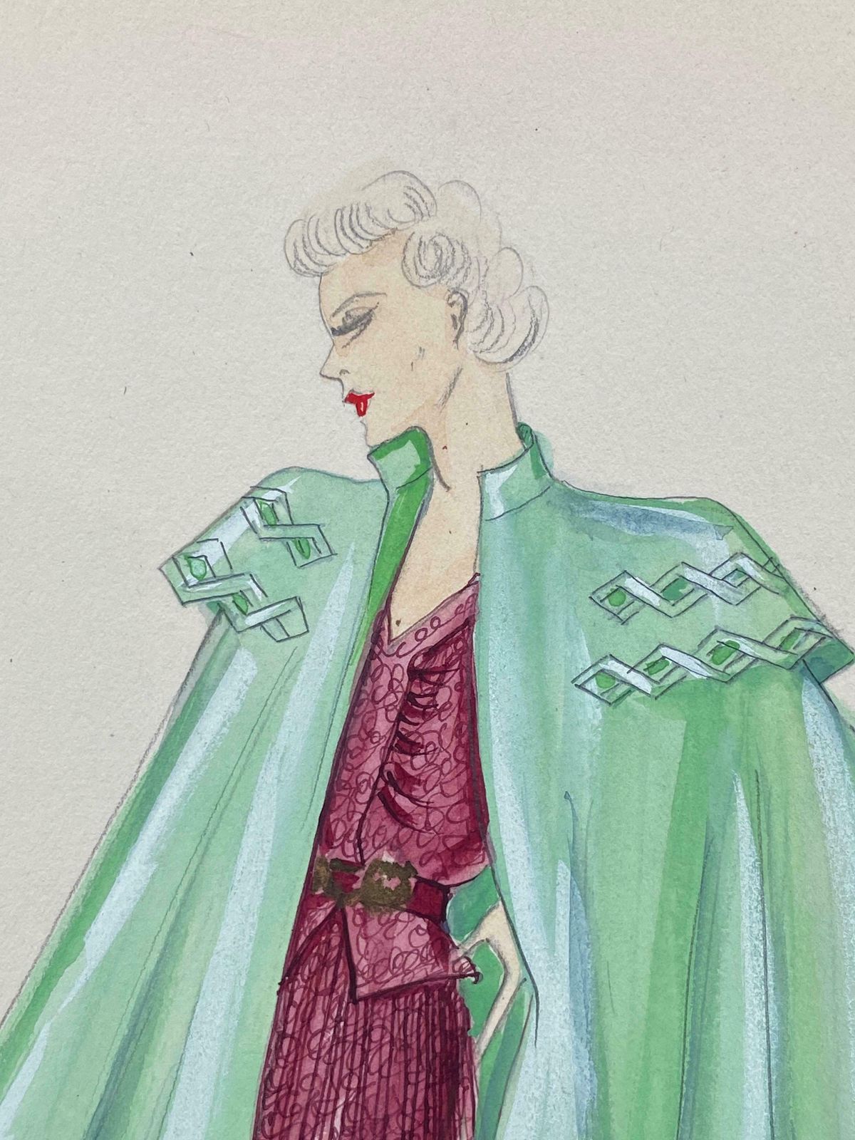 Unknown1930's Original Parisian Fashion Watercolor Burgandy Dress With Green Capec. 1930's photo buy