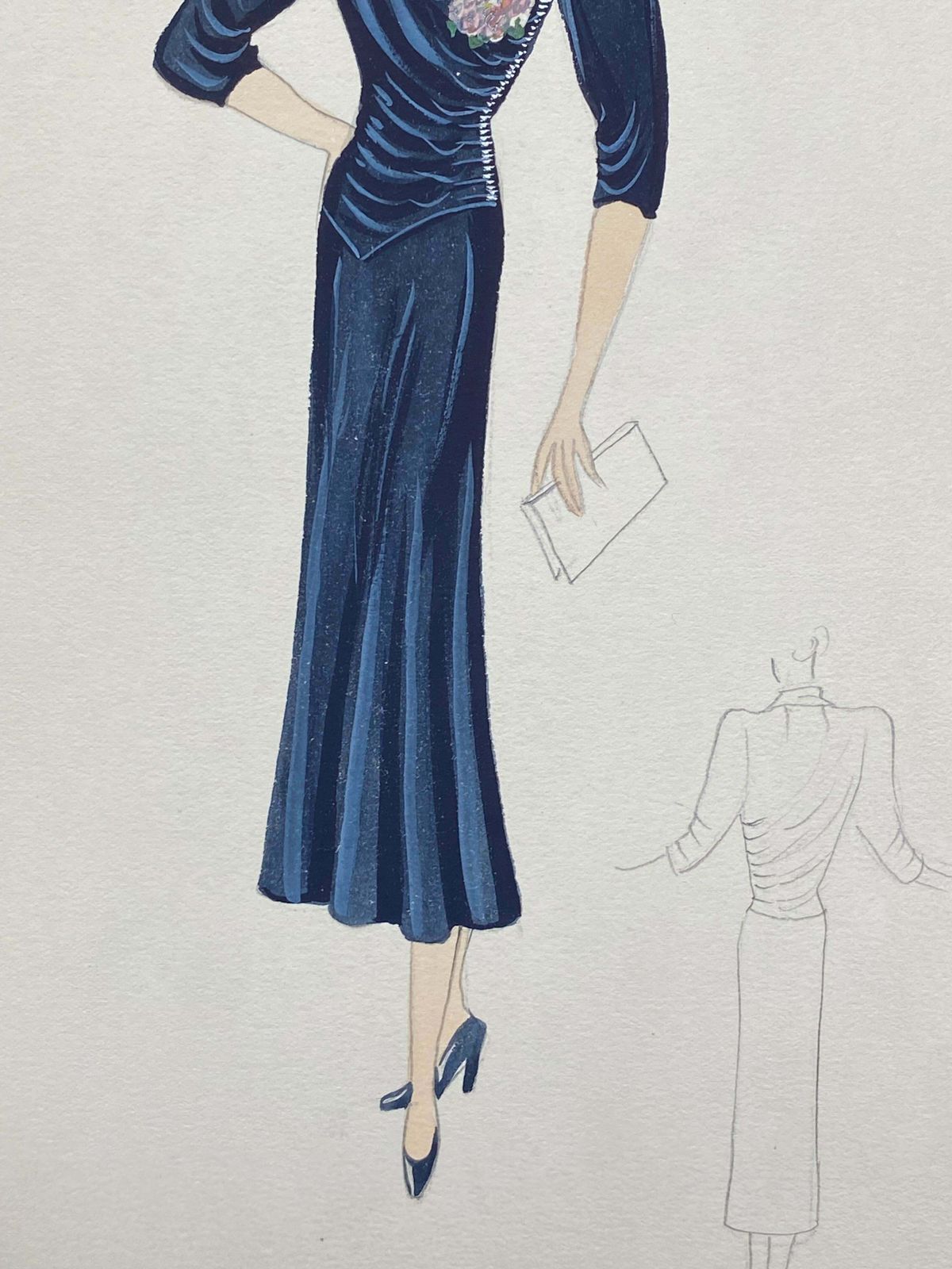 Unknown1930's Original Parisian Fashion Design Illustration Watercolor Elegant Ladyc. 1930's photo for sale