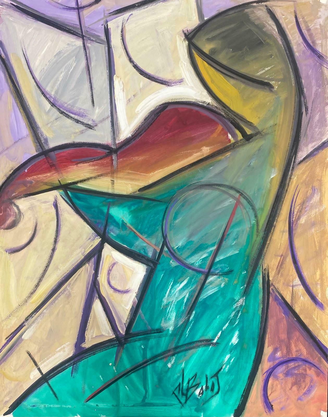 Unknown20th Century French Modernist Painting Female Musician In Green With Violin C. 1970