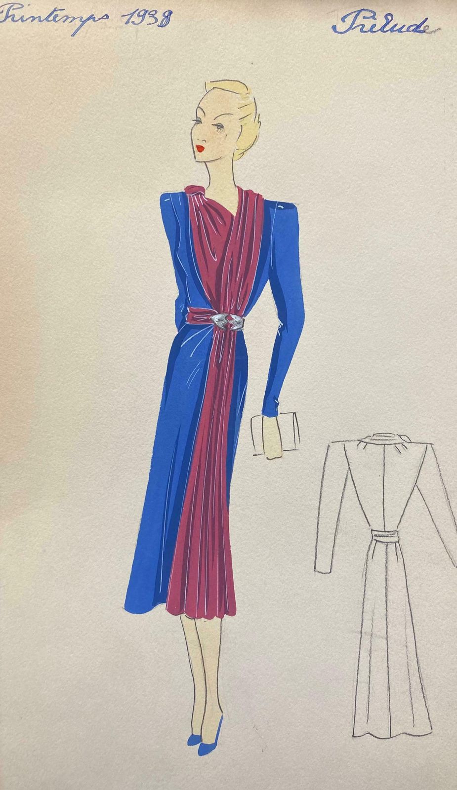 Unknown1930's Original Parisian Fashion Illustration Watercolor Pink And Blue Dressc. 1930's