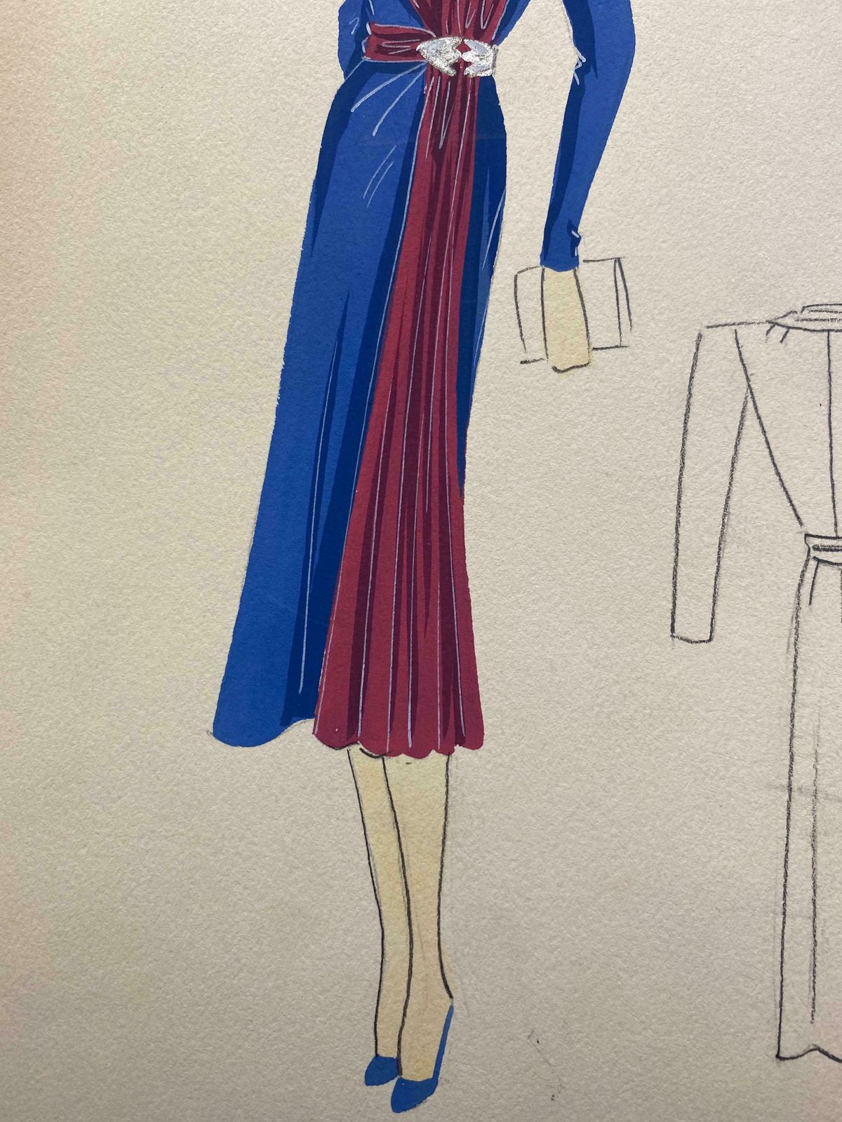 Unknown1930's Original Parisian Fashion Illustration Watercolor Pink And Blue Dressc. 1930's photo 153.0