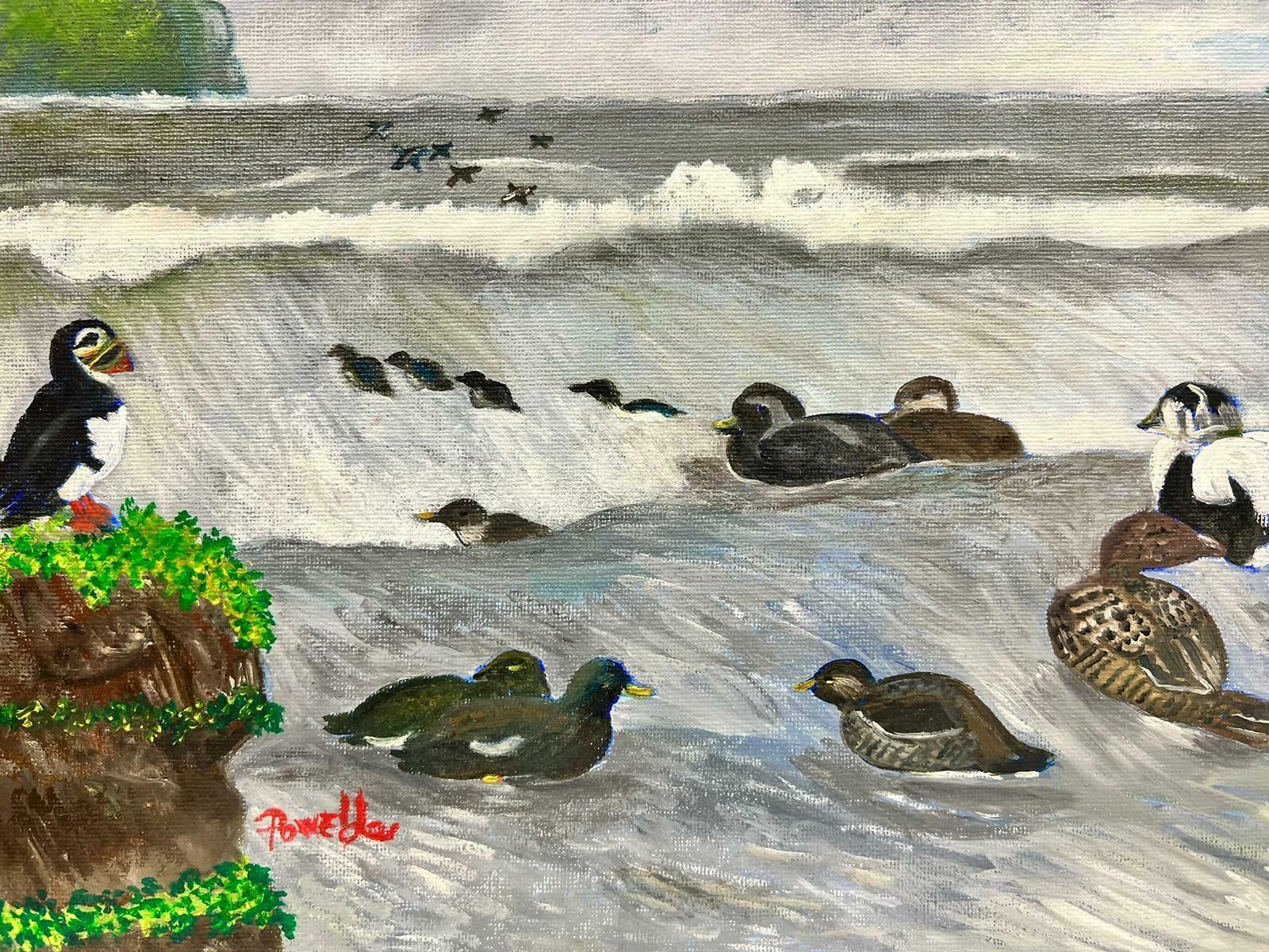 Ben Powellcontemporary British Acrylic Painting Birds Looking For Fish In Sea photo for sale