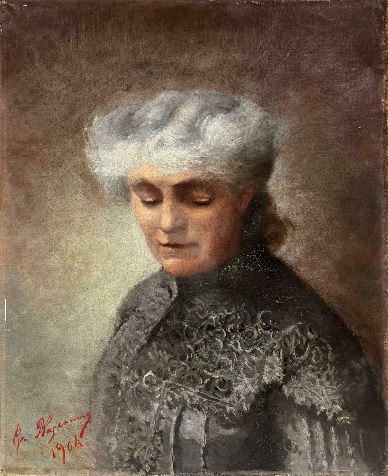 Antique Frenchfine Antique French Signed Oil Painting   Portrait Of A Lady With Grey Hair1904