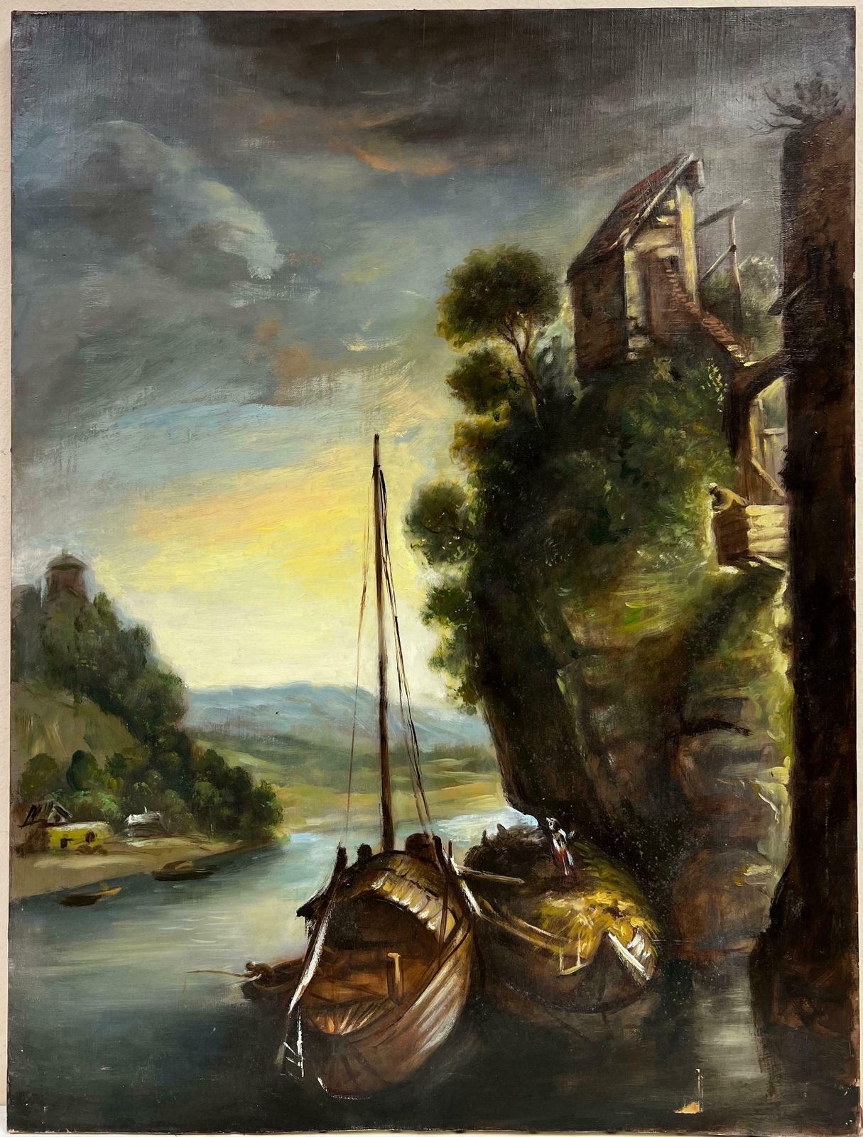 20th Century French Schoolfrench Oil Painting Tranquil River Scene With Ferry Boats Next To Old Buildings photo furniture