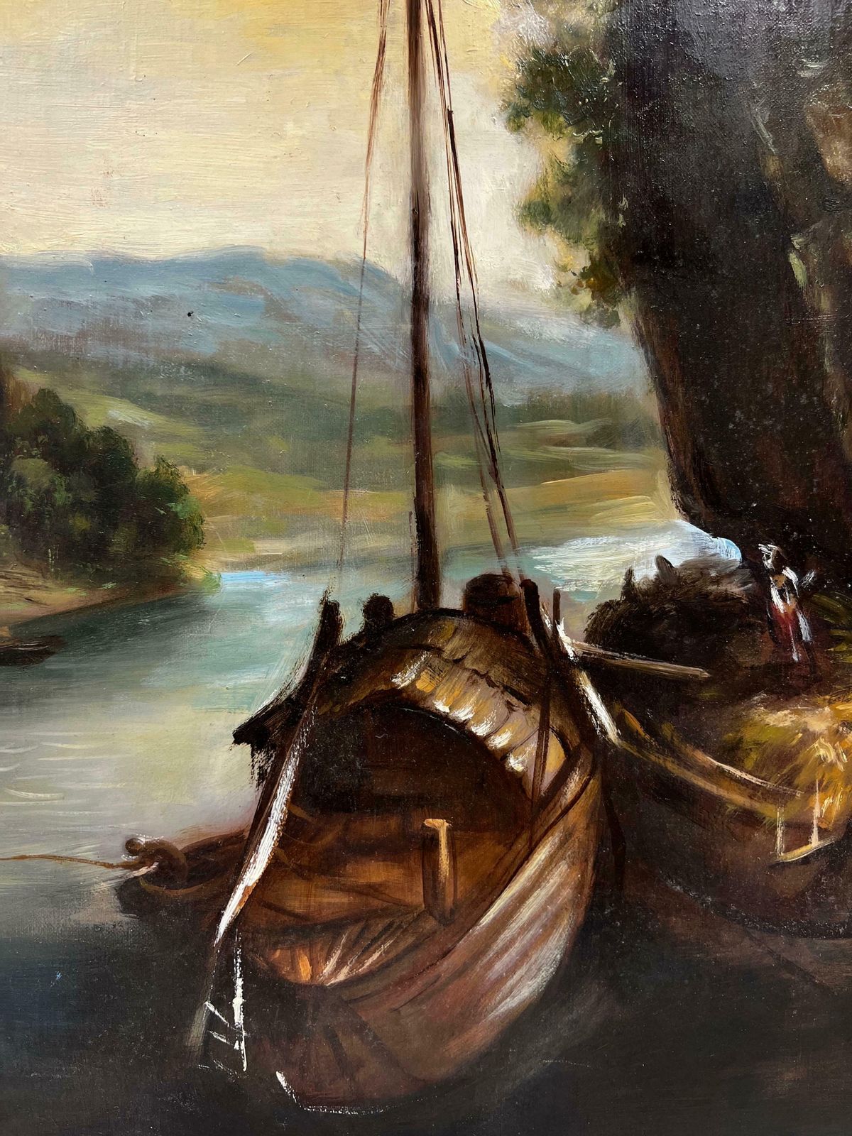 20th Century French Schoolfrench Oil Painting Tranquil River Scene With Ferry Boats Next To Old Buildings photo Art