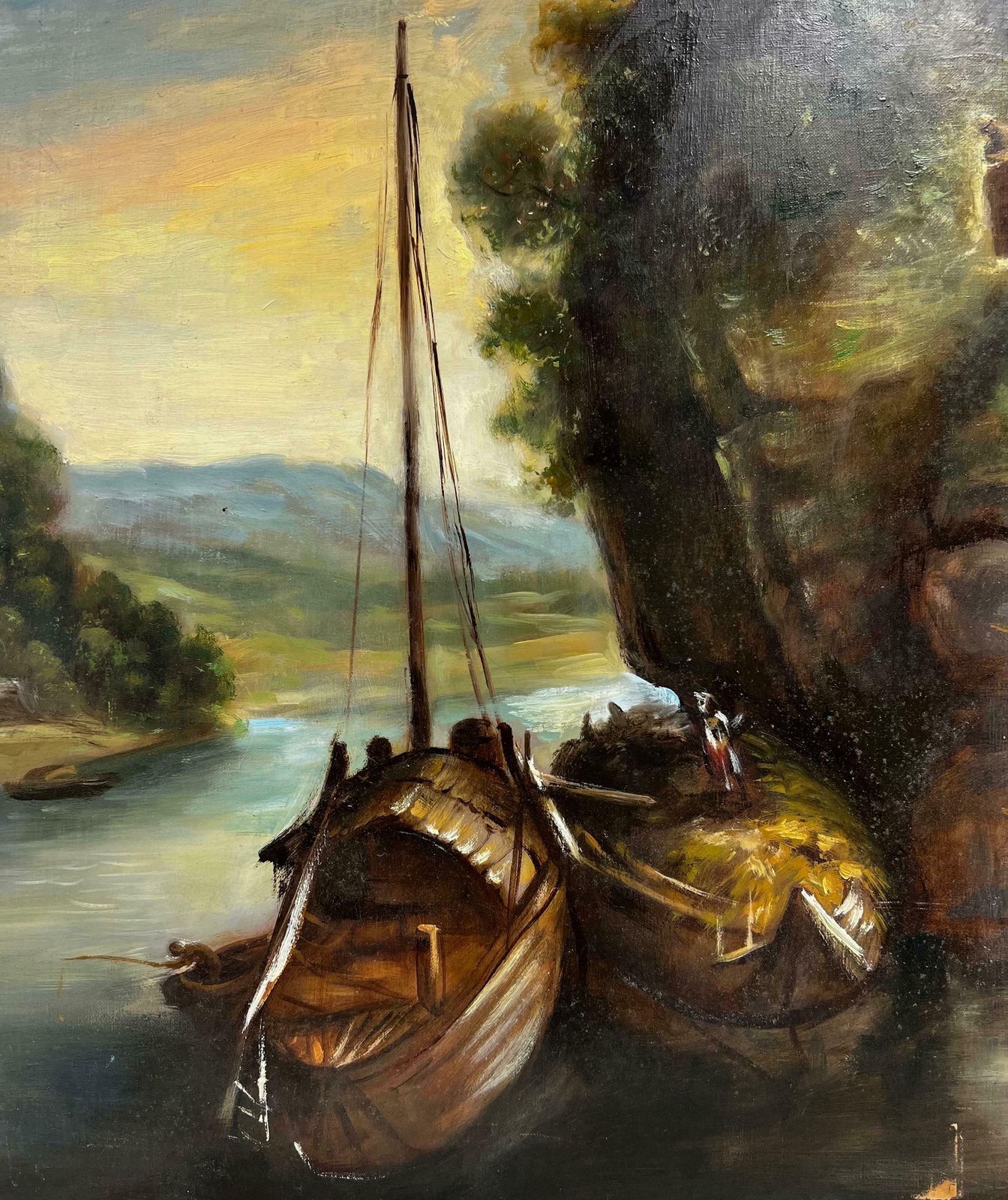 20th Century French Schoolfrench Oil Painting Tranquil River Scene With Ferry Boats Next To Old Buildings photo 2043.0