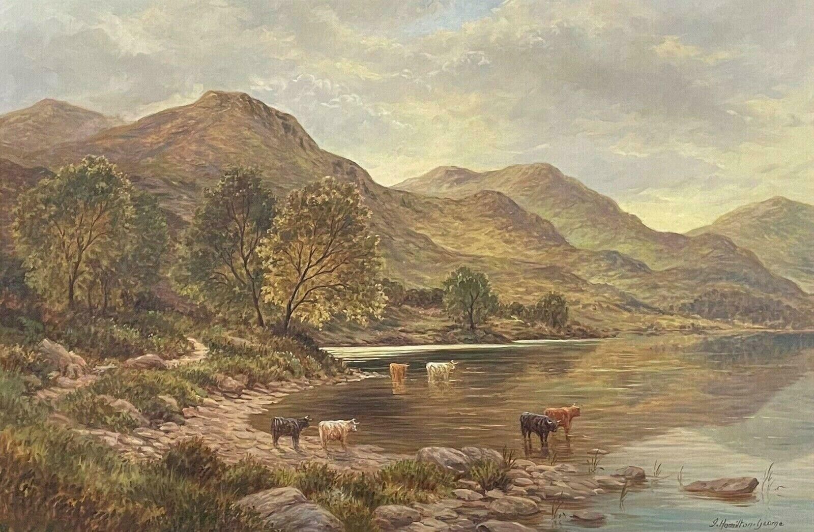 J. Hamilton Georgesigned Scottish Highlands Loch Scene & Cattle Oil Painting   J. Hamilton George20th Century