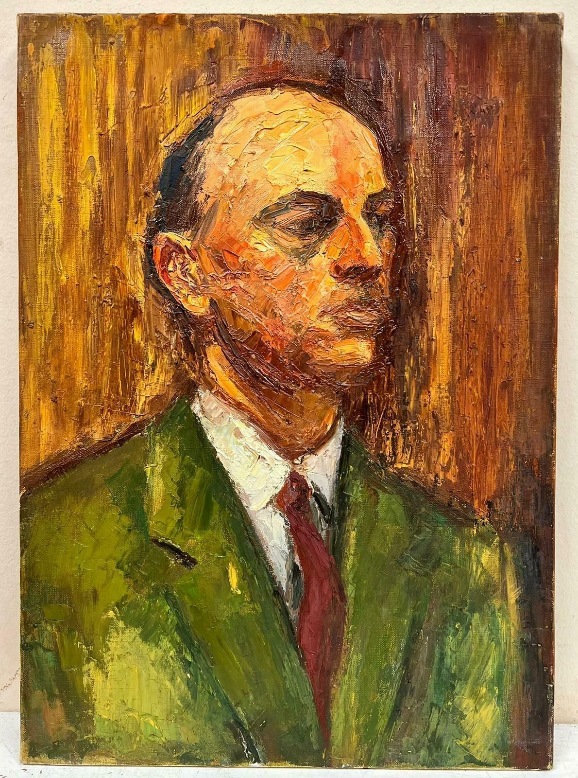 Josine Vignonmid Century French Post Impressionist Oil On Canvas Portrait Man In Green Jacket1960's photo furniture