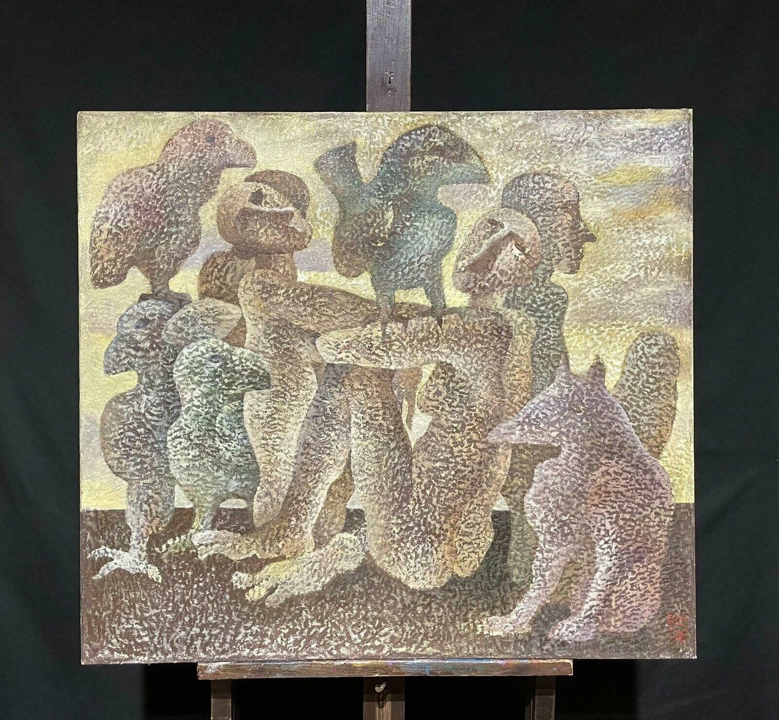 Russian Schoolhuge Russian Surrealist Abstract Figurative Oil Painting   Signed & Dated 20012001 photo furniture