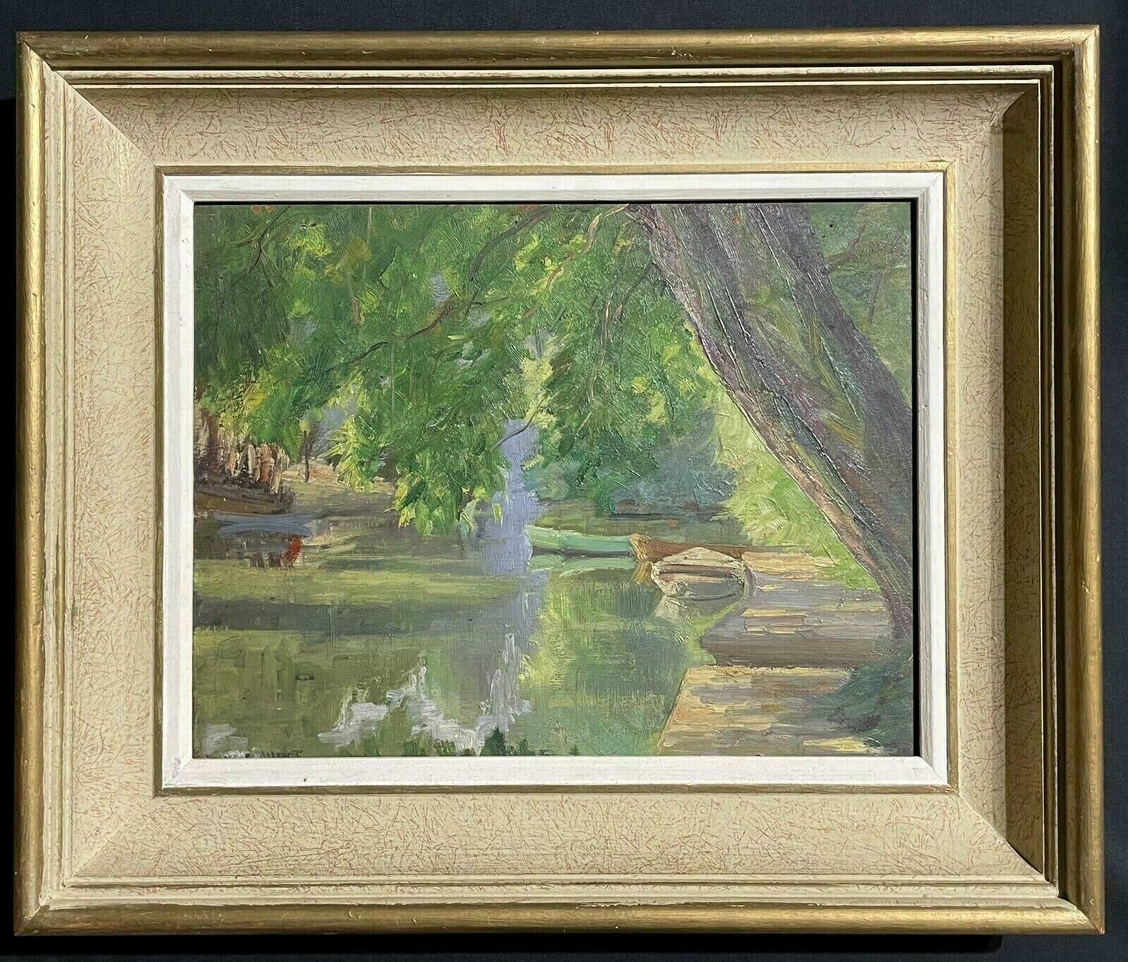 Unknown1930's French Impressionist Signed Oil Painting   Tranquil River Landscape Boatsc. 1930's