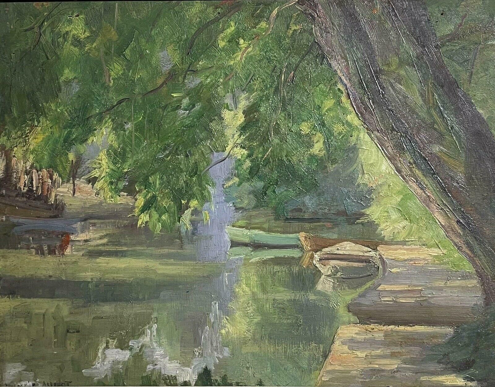 Unknown1930's French Impressionist Signed Oil Painting   Tranquil River Landscape Boatsc. 1930's photo furniture