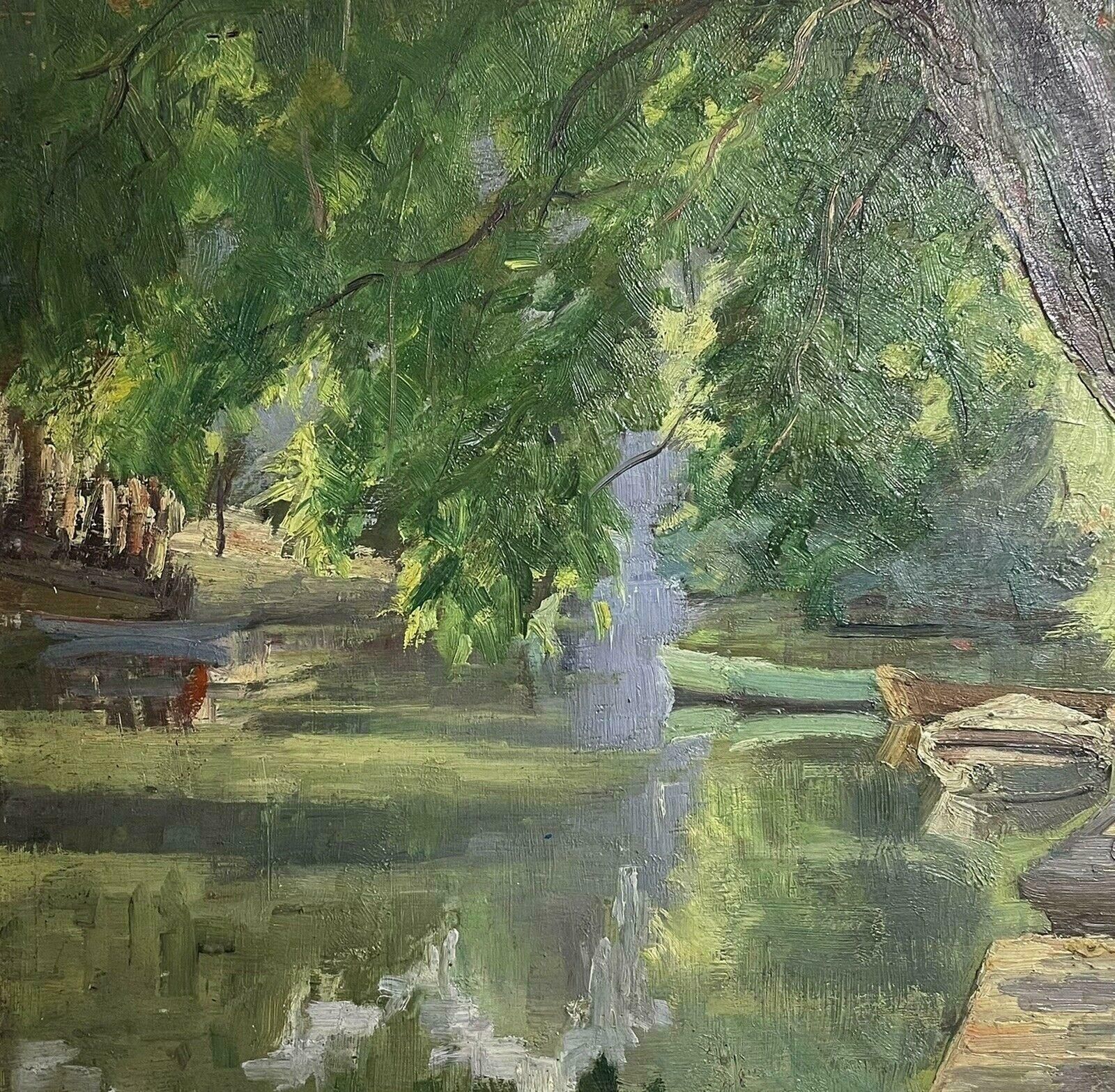 Unknown1930's French Impressionist Signed Oil Painting   Tranquil River Landscape Boatsc. 1930's photo for sale