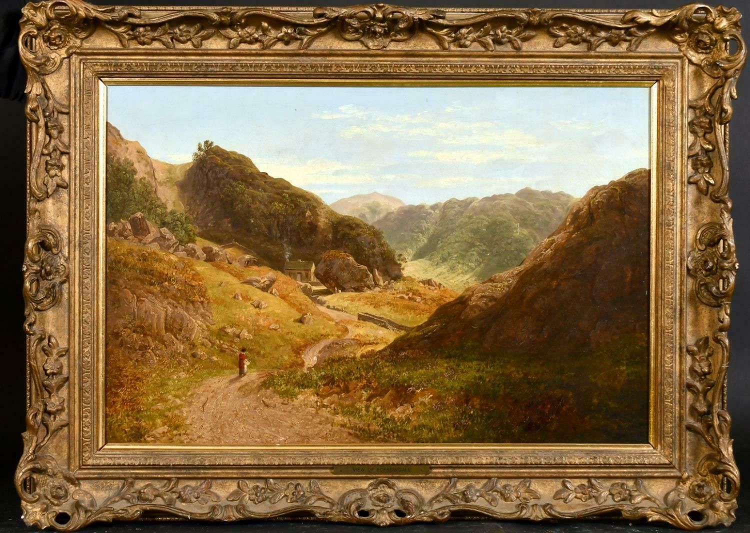 Fine Victorian Oil Painting   Borrowdale Lake District Landscape Valley Figurec. 1850's photo furniture