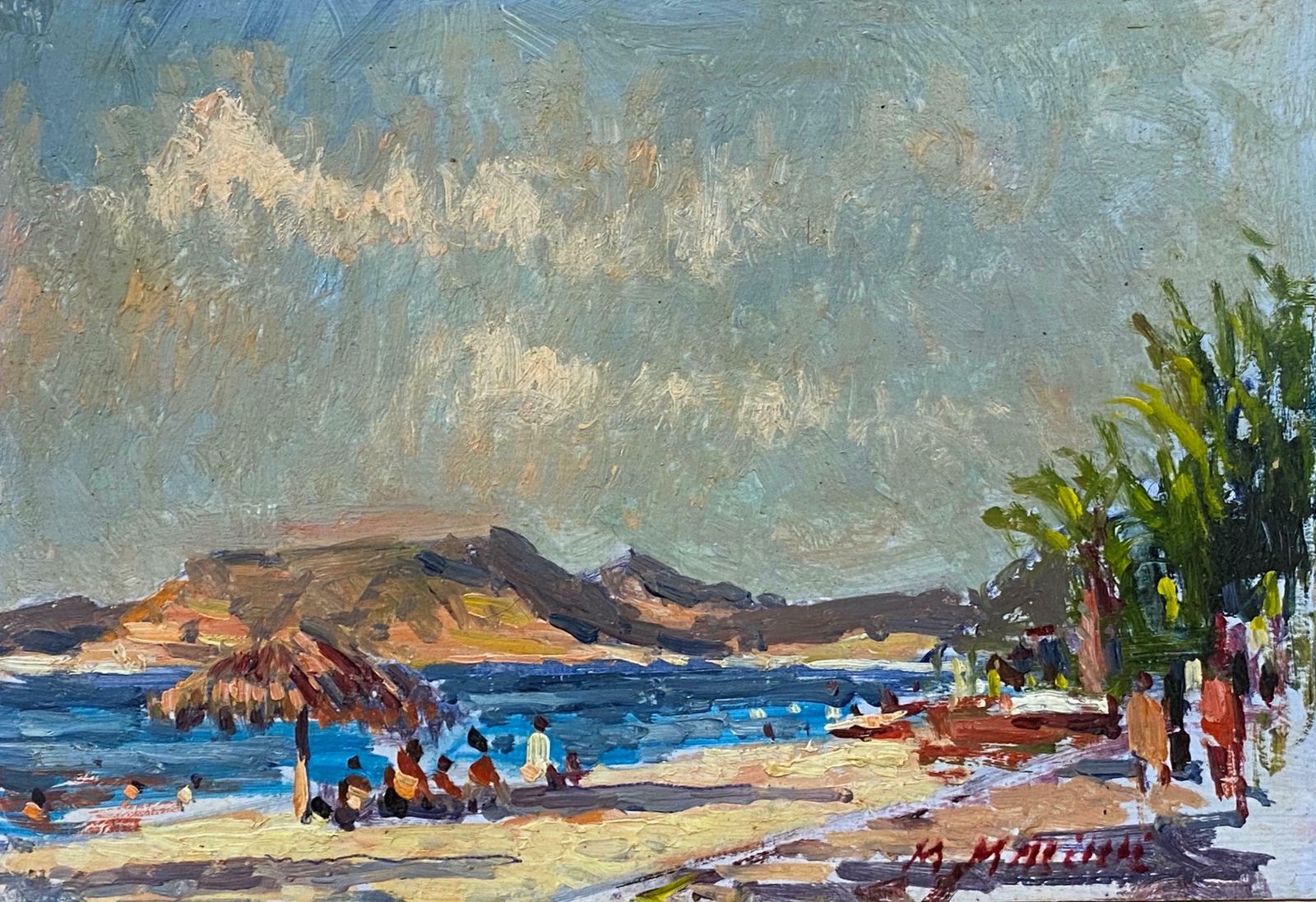 Maurice Mazeiliefrench Impressionist En Plein Air Oil Painting   Coastal Scene With Figures