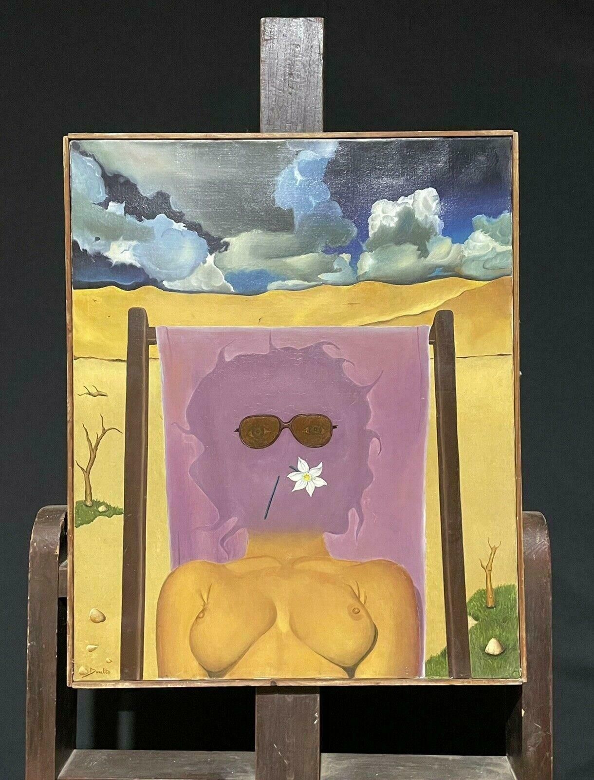 Unknown1960's Surrealist Signed Oil Painting   Nude Sunbather On The Beach   Italian? photo furniture