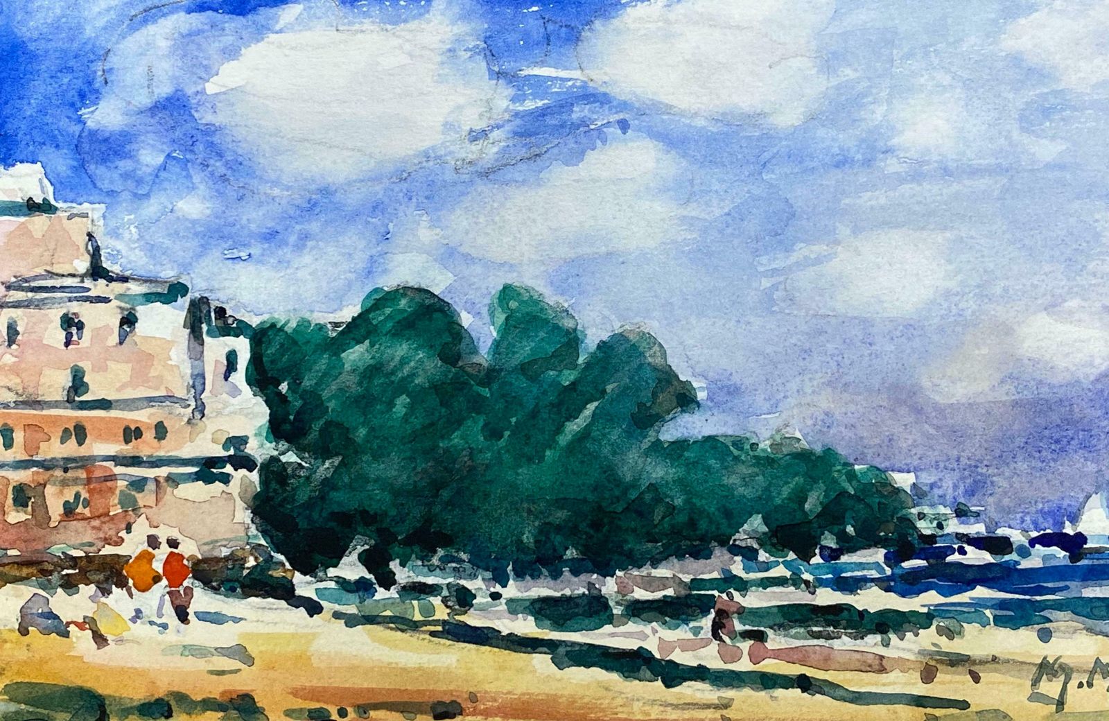 Maurice Mazeiliefrench Impressionist Watercolour   Bright Blue Summers Day Over Beach photo furniture